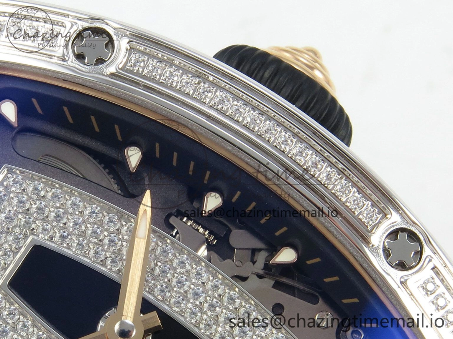 RM07 Ladies SS Diamonds Bezel ZF 1:1 Best Edition Black Diamonds Skeleton Dial on Black Rubber Strap CRMA2 Clone Classic 9158