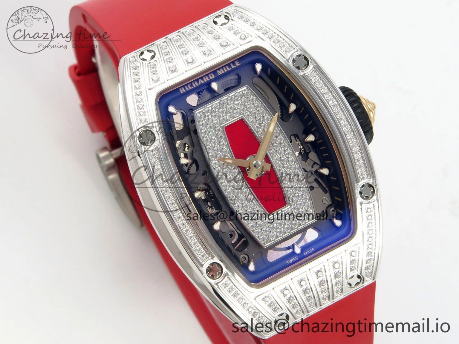 GoodFit RM07 Ladies SS Diamonds Bezel ZF 1:1 Best Edition Red Diamonds Skeleton Dial on Red Rubber Strap CRMA2 Clone 9161