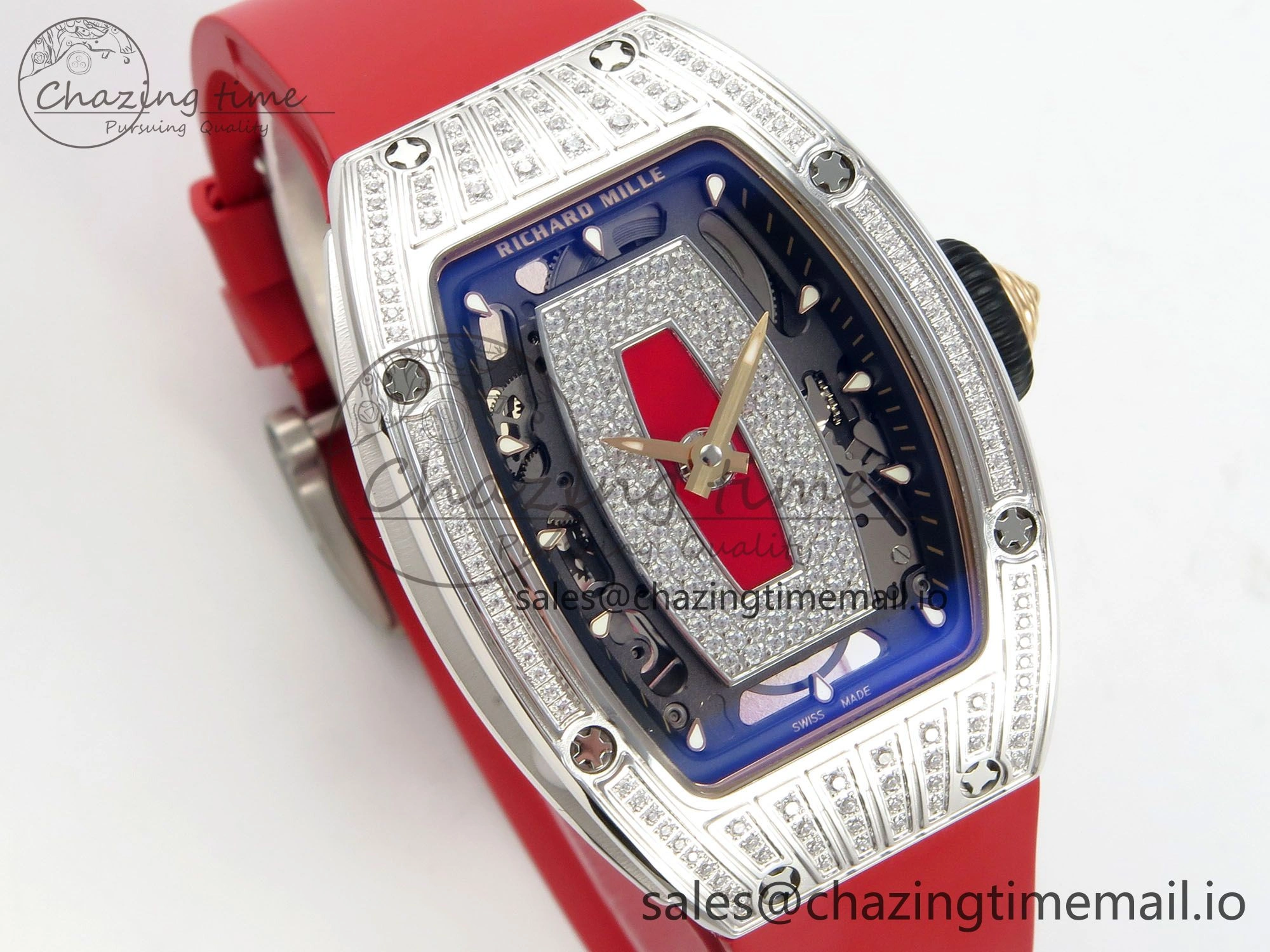 GoodFit RM07 Ladies SS Diamonds Bezel ZF 1:1 Best Edition Red Diamonds Skeleton Dial on Red Rubber Strap CRMA2 Clone 9161