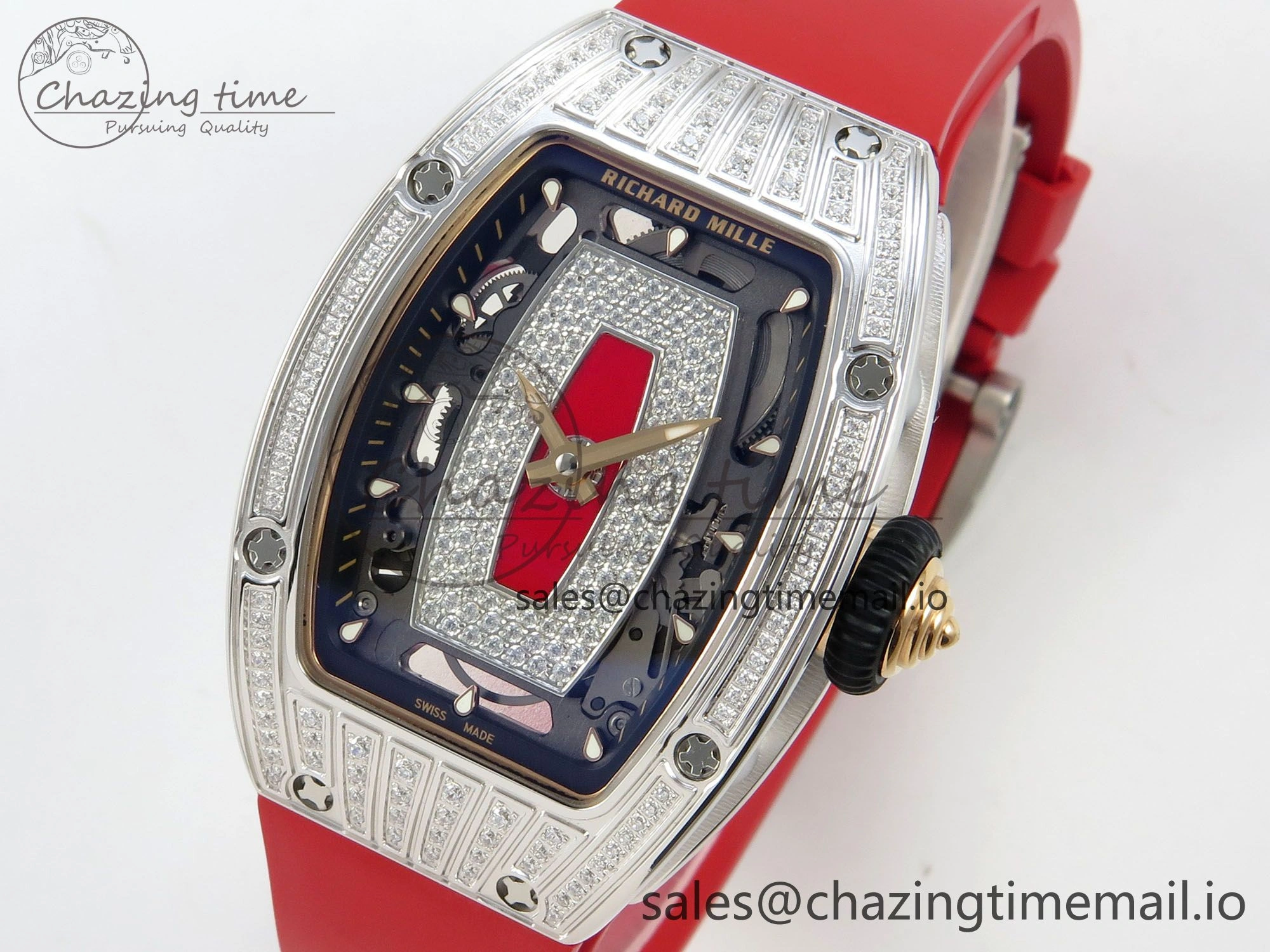 GoodFit RM07 Ladies SS Diamonds Bezel ZF 1:1 Best Edition Red Diamonds Skeleton Dial on Red Rubber Strap CRMA2 Clone 9161