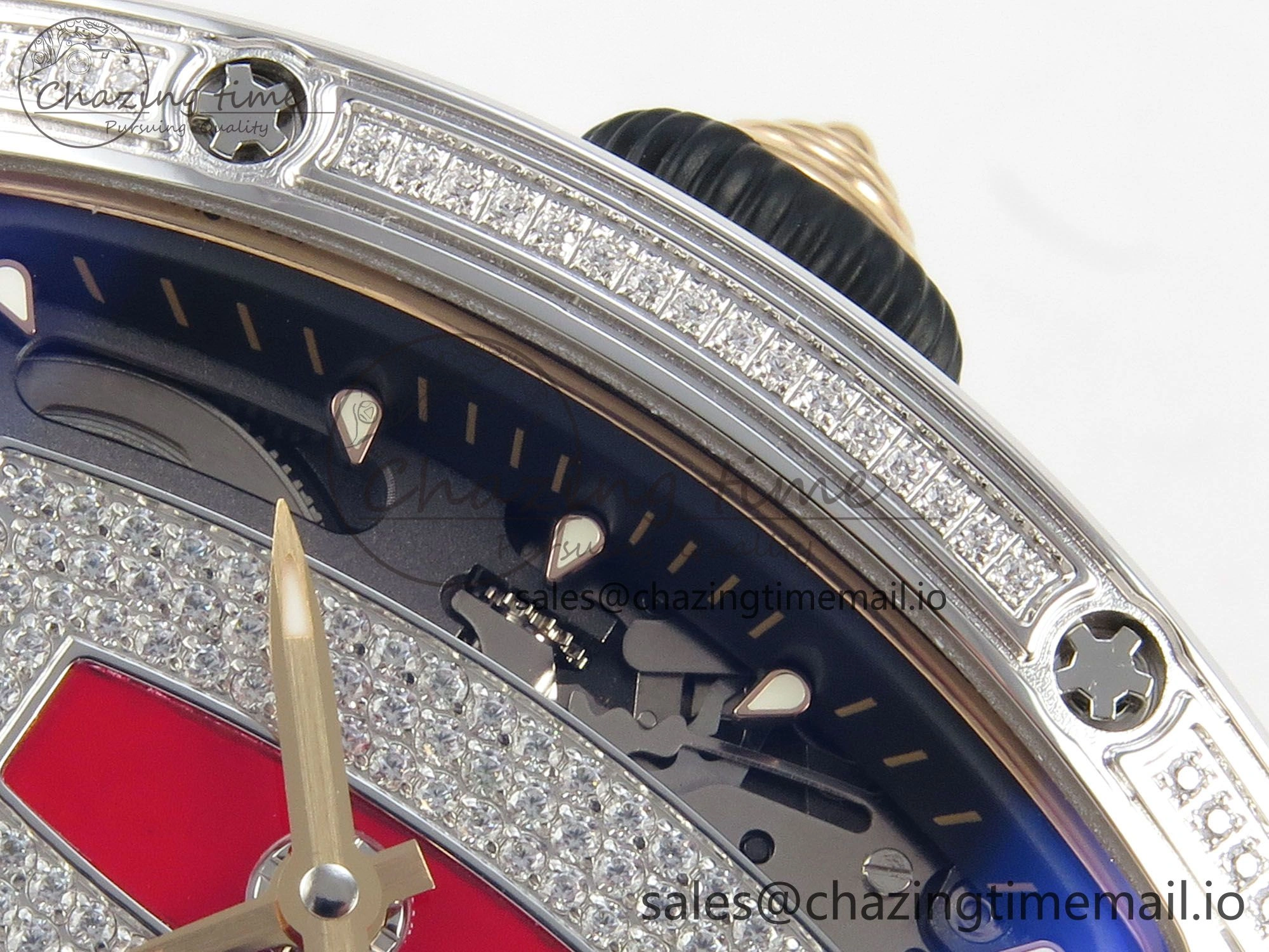 GoodFit RM07 Ladies SS Diamonds Bezel ZF 1:1 Best Edition Red Diamonds Skeleton Dial on Red Rubber Strap CRMA2 Clone 9161