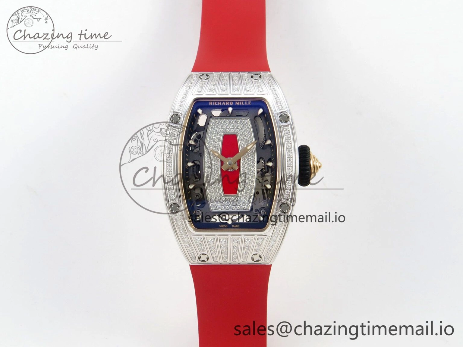 GoodFit RM07 Ladies SS Diamonds Bezel ZF 1:1 Best Edition Red Diamonds Skeleton Dial on Red Rubber Strap CRMA2 Clone 9161