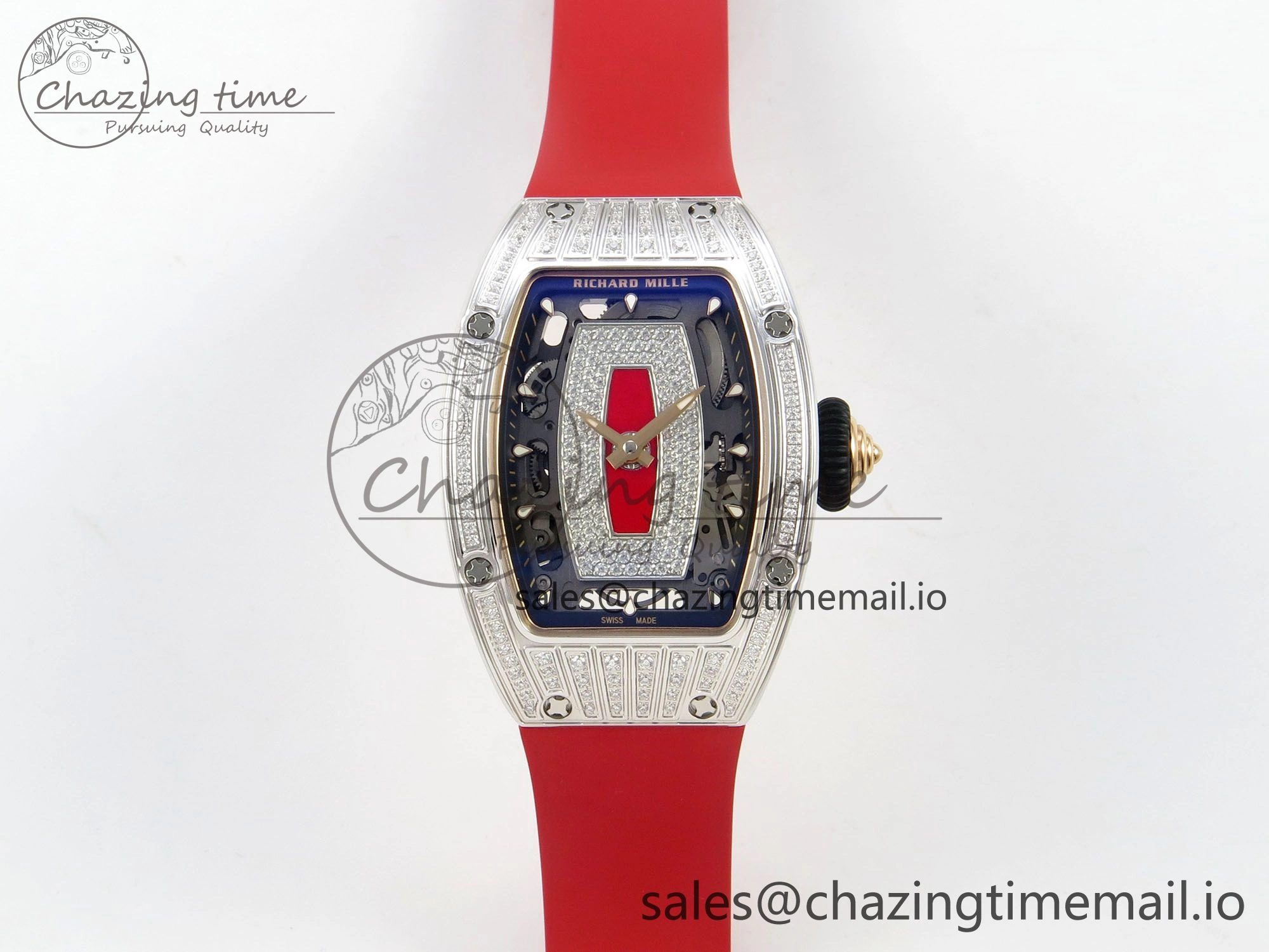 GoodFit RM07 Ladies SS Diamonds Bezel ZF 1:1 Best Edition Red Diamonds Skeleton Dial on Red Rubber Strap CRMA2 Clone 9161