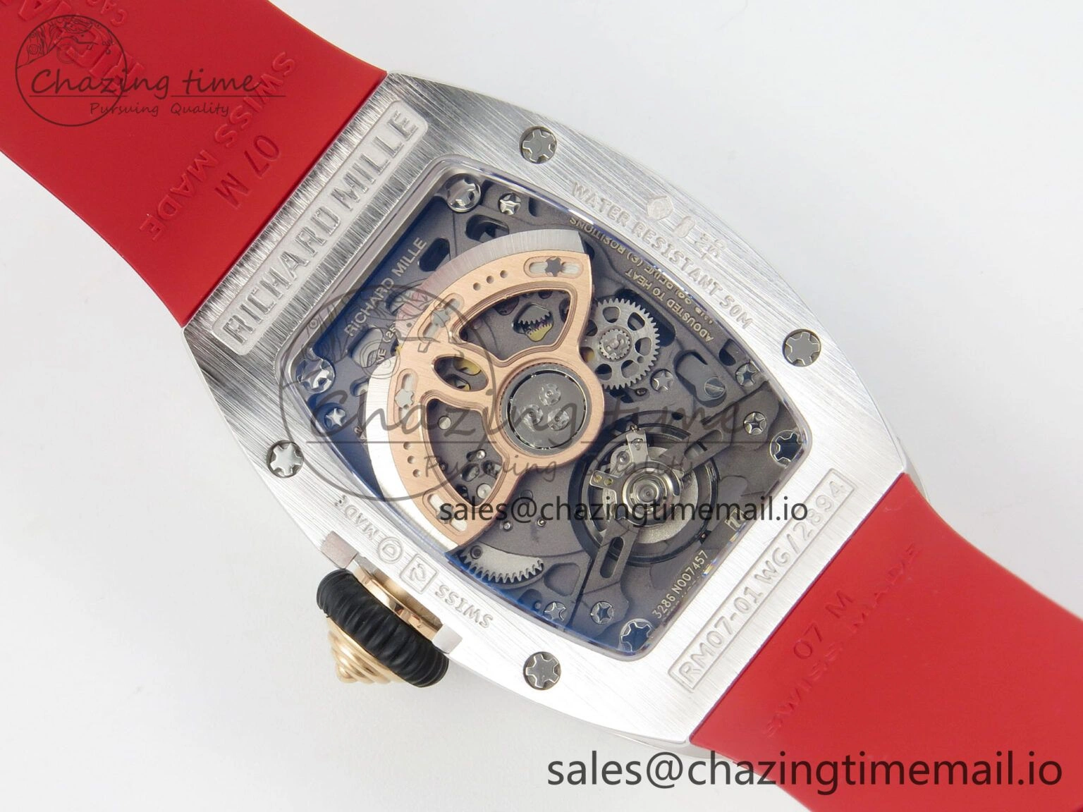 GoodFit RM07 Ladies SS Diamonds Bezel ZF 1:1 Best Edition Red Diamonds Skeleton Dial on Red Rubber Strap CRMA2 Clone 9161
