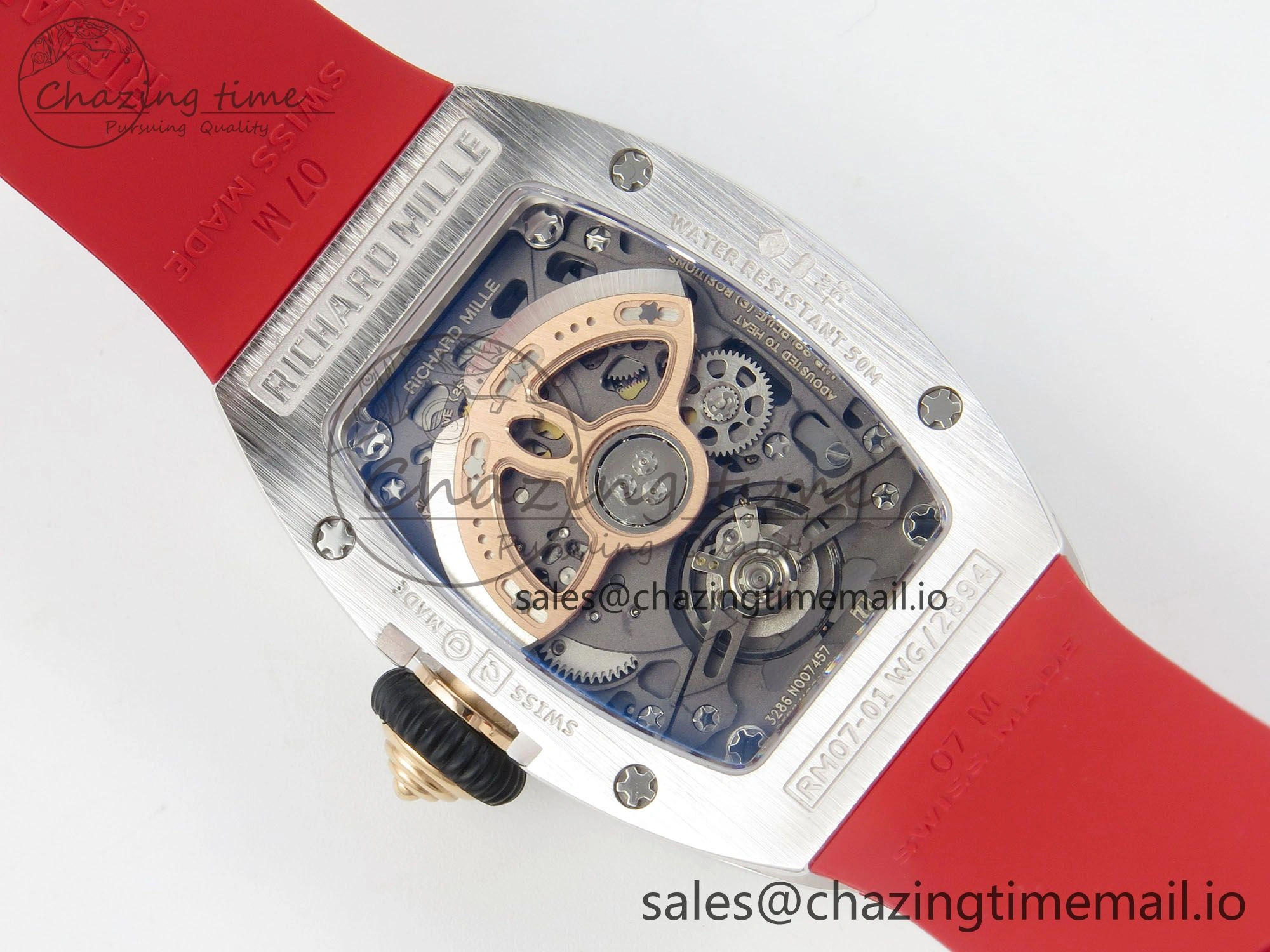 GoodFit RM07 Ladies SS Diamonds Bezel ZF 1:1 Best Edition Red Diamonds Skeleton Dial on Red Rubber Strap CRMA2 Clone 9161
