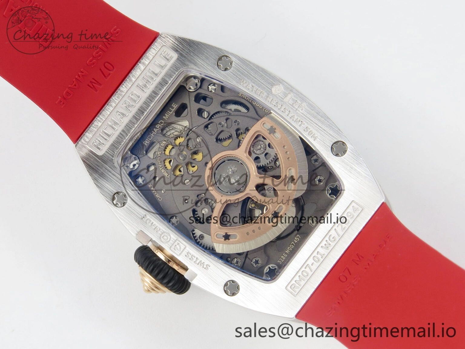 GoodFit RM07 Ladies SS Diamonds Bezel ZF 1:1 Best Edition Red Diamonds Skeleton Dial on Red Rubber Strap CRMA2 Clone 9161