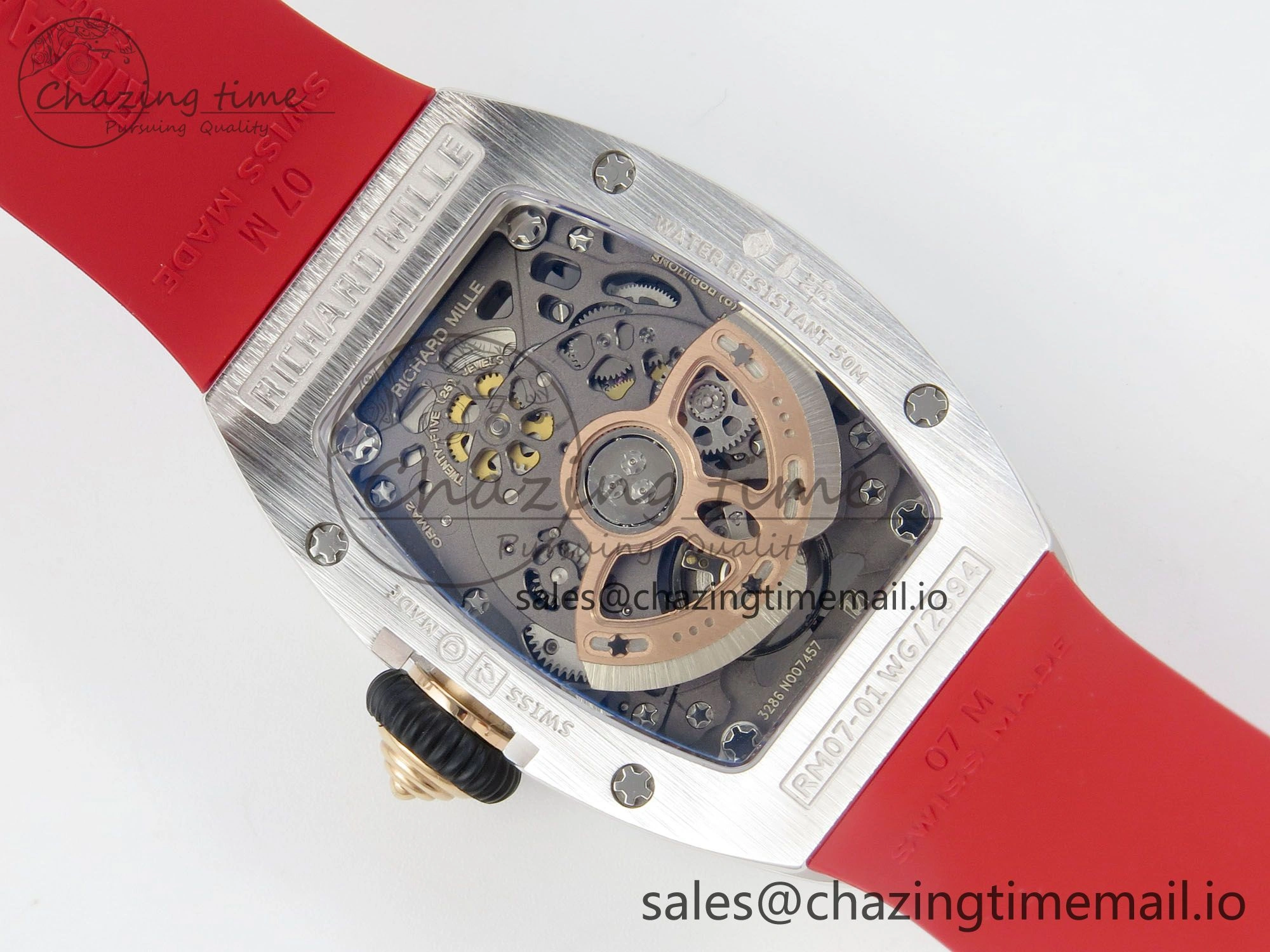 GoodFit RM07 Ladies SS Diamonds Bezel ZF 1:1 Best Edition Red Diamonds Skeleton Dial on Red Rubber Strap CRMA2 Clone 9161