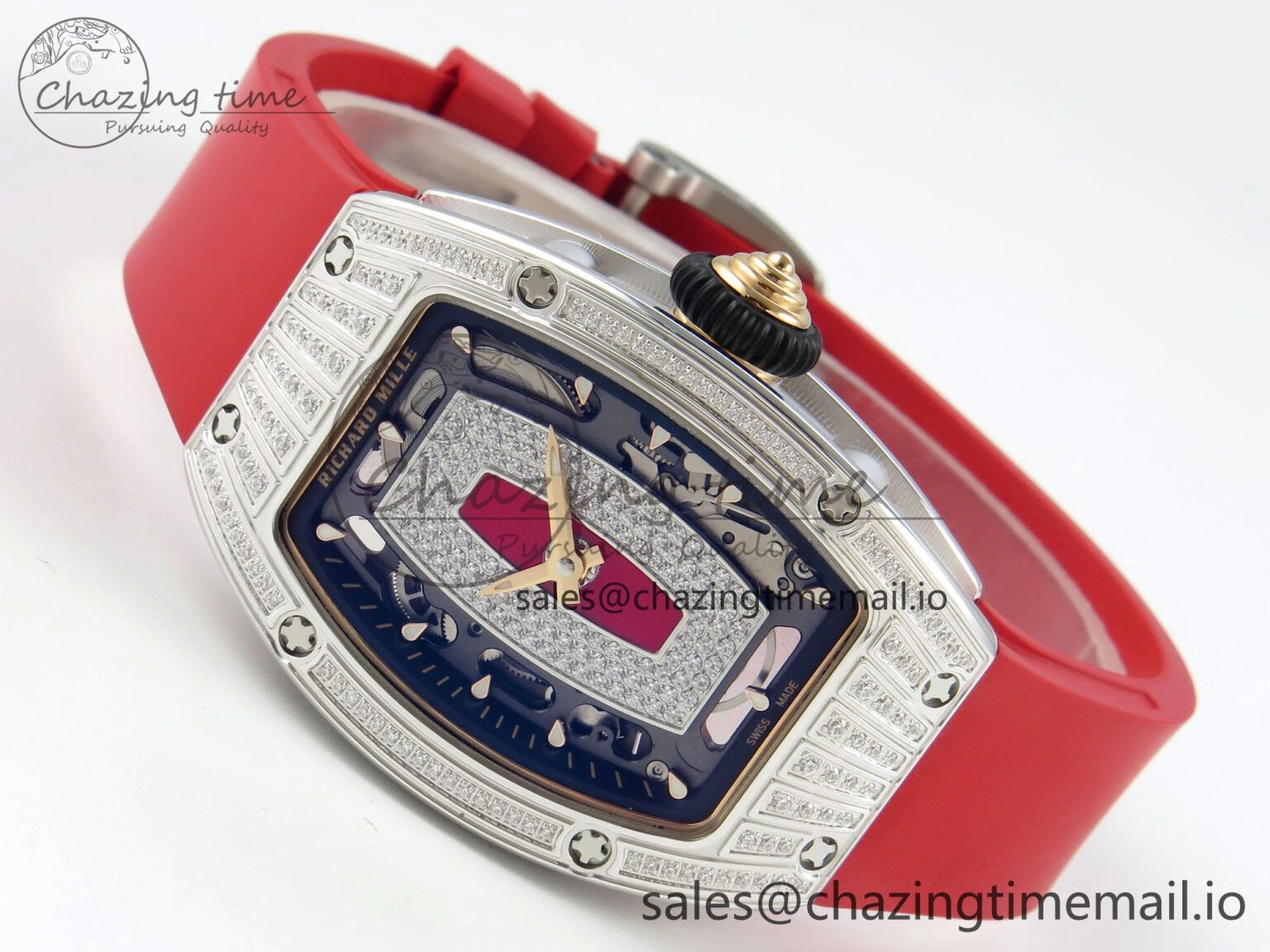 GoodFit RM07 Ladies SS Diamonds Bezel ZF 1:1 Best Edition Red Diamonds Skeleton Dial on Red Rubber Strap CRMA2 Clone 9161
