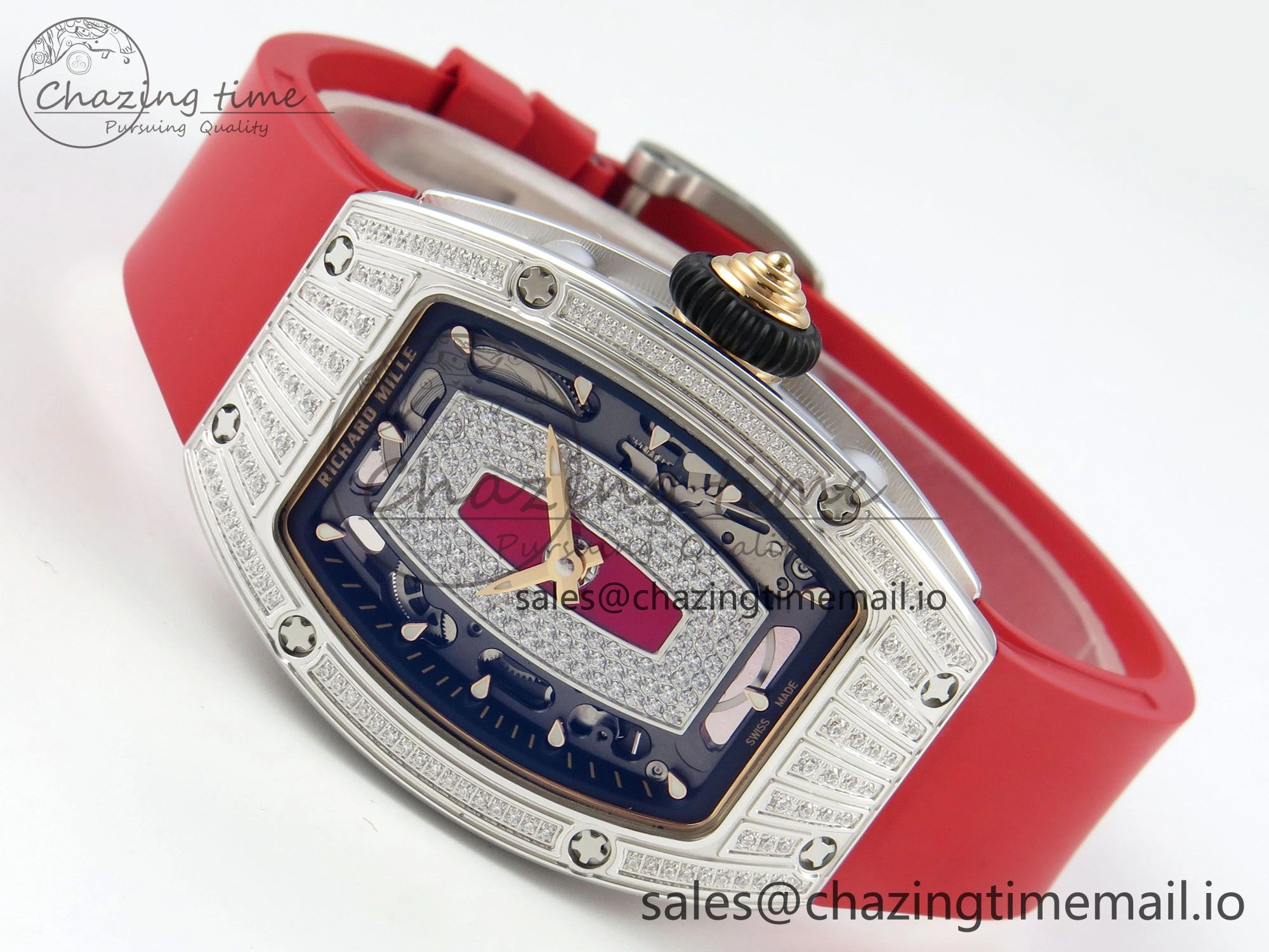 GoodFit RM07 Ladies SS Diamonds Bezel ZF 1:1 Best Edition Red Diamonds Skeleton Dial on Red Rubber Strap CRMA2 Clone 9161