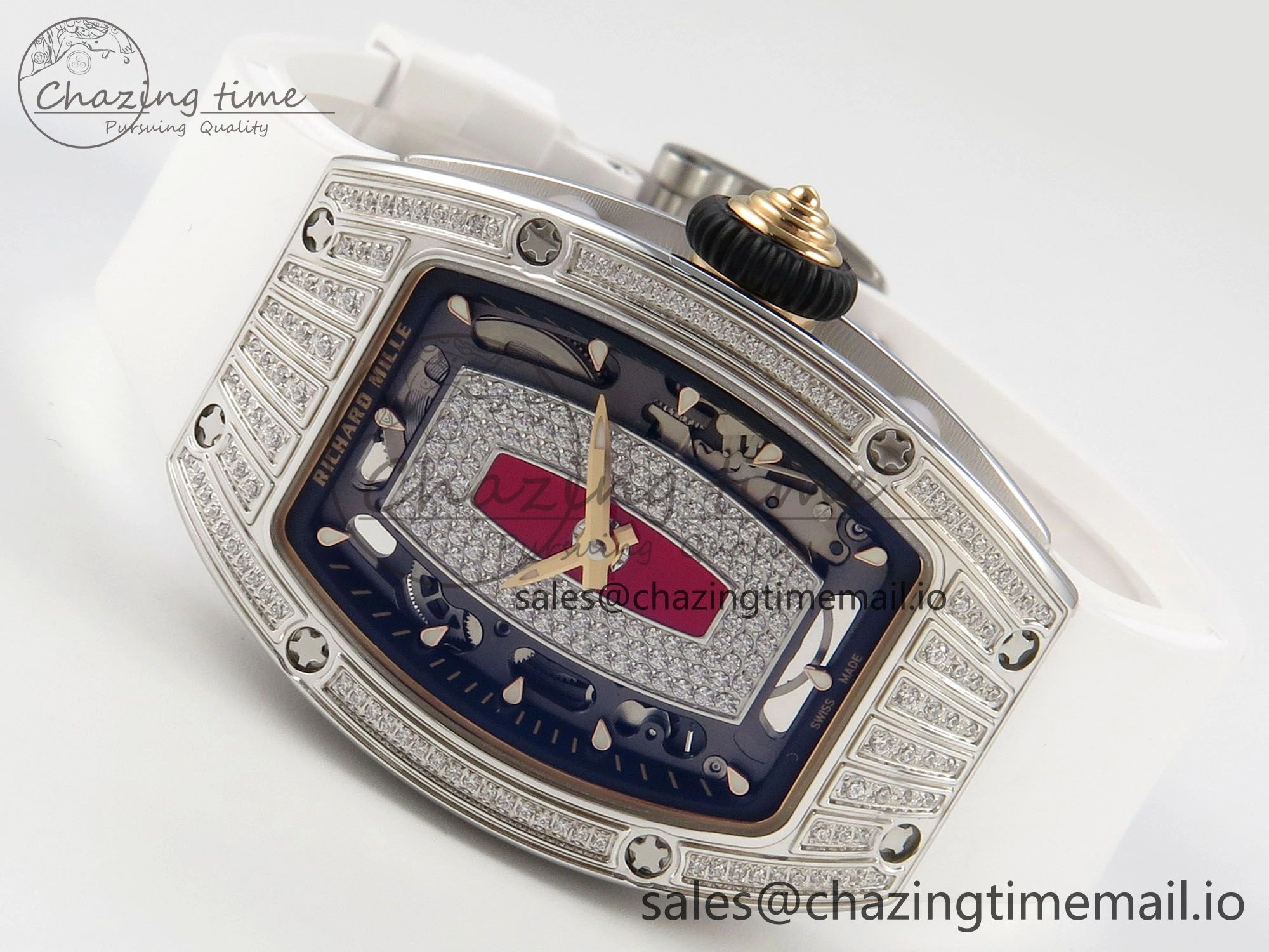 RM07 Ladies SS Diamonds Bezel ZF 1:1 Best Edition Red Diamonds Skeleton Dial on White Rubber Strap CRMA2 Clone Thermal 9164