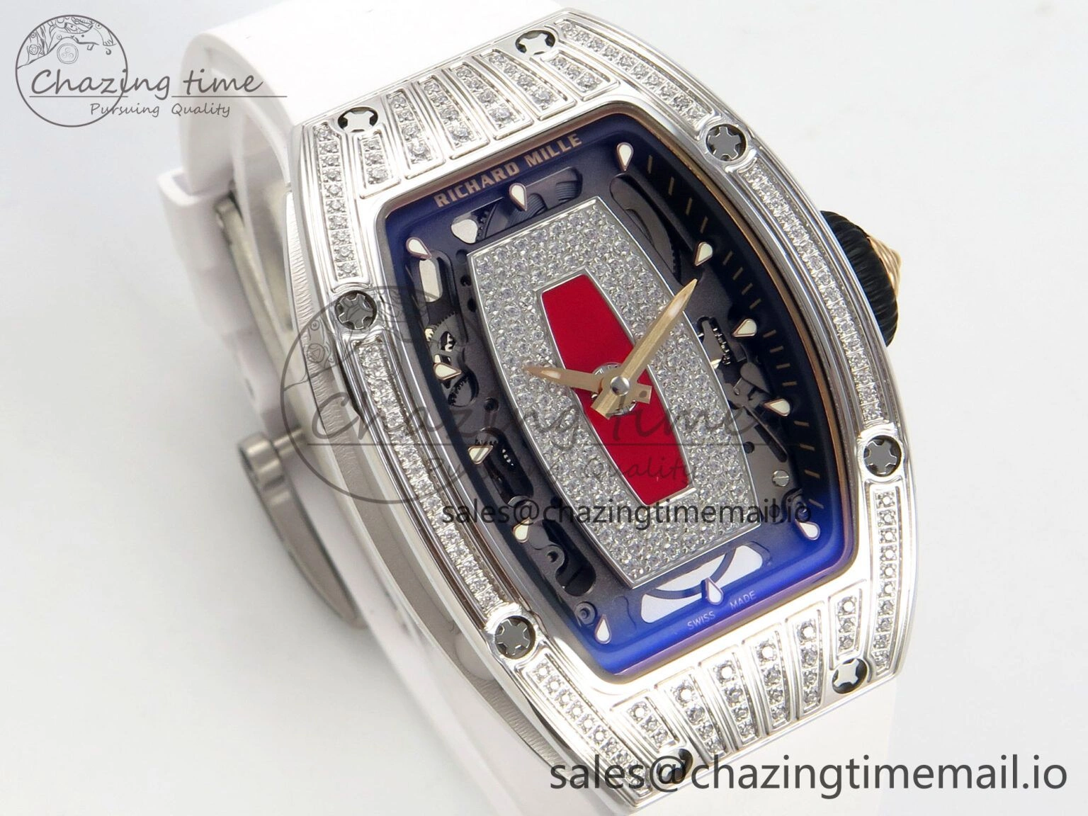 RM07 Ladies SS Diamonds Bezel ZF 1:1 Best Edition Red Diamonds Skeleton Dial on White Rubber Strap CRMA2 Clone Thermal 9164