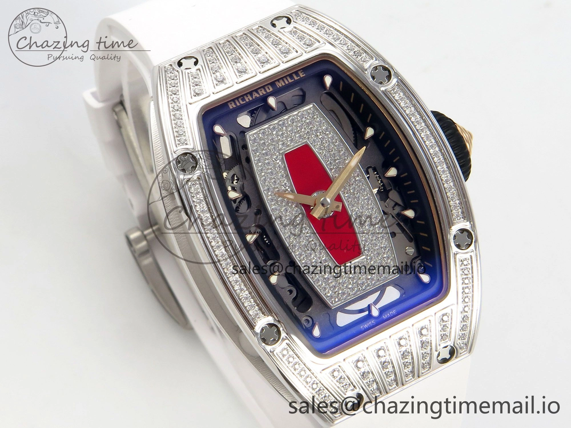 RM07 Ladies SS Diamonds Bezel ZF 1:1 Best Edition Red Diamonds Skeleton Dial on White Rubber Strap CRMA2 Clone Thermal 9164