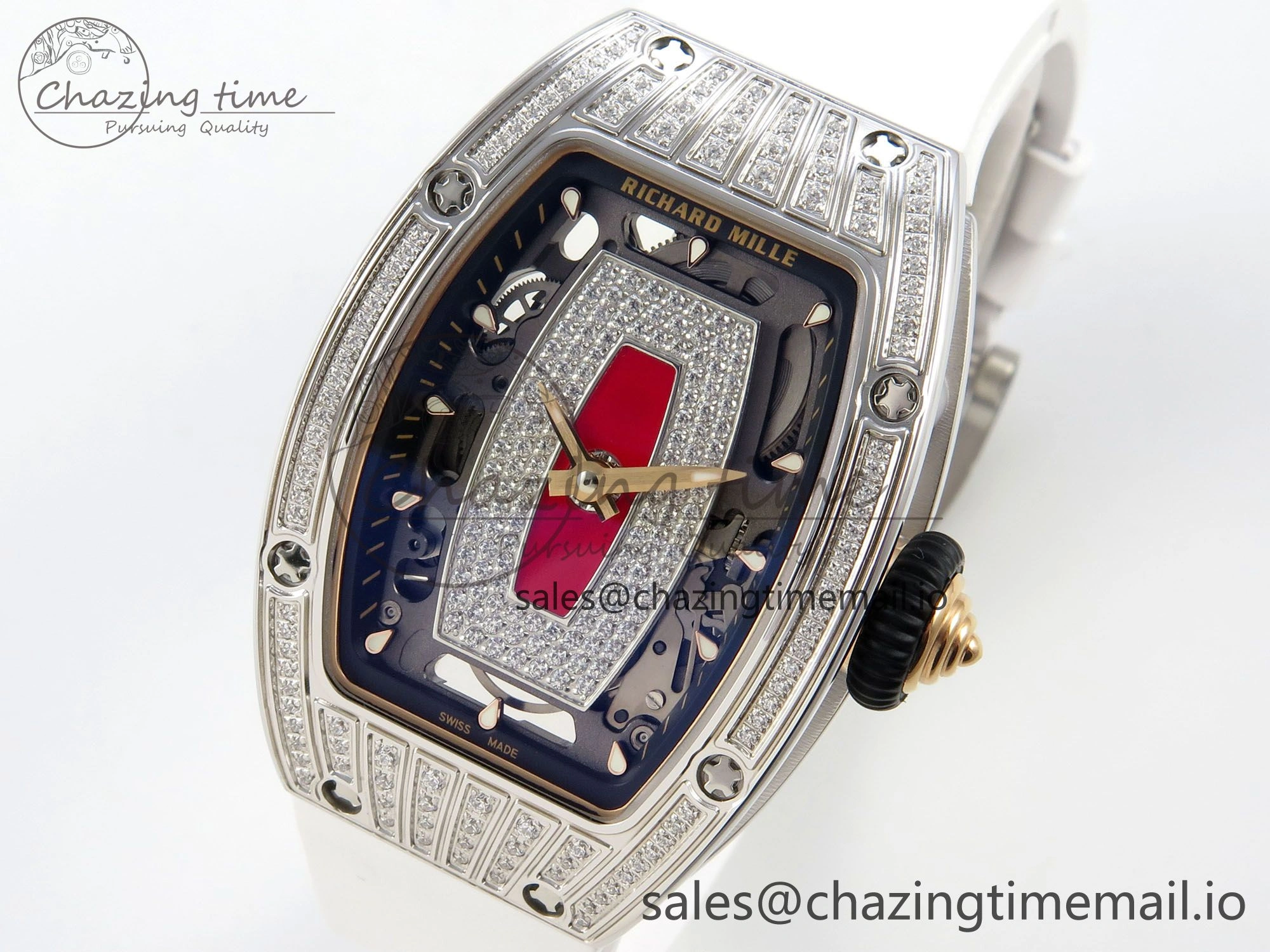 RM07 Ladies SS Diamonds Bezel ZF 1:1 Best Edition Red Diamonds Skeleton Dial on White Rubber Strap CRMA2 Clone Thermal 9164