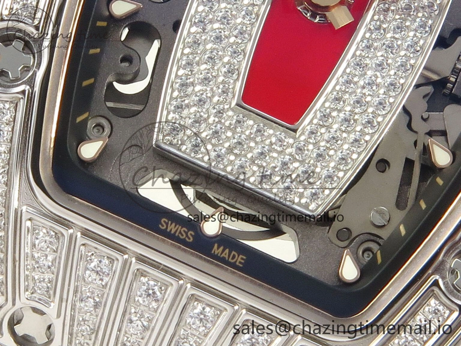 RM07 Ladies SS Diamonds Bezel ZF 1:1 Best Edition Red Diamonds Skeleton Dial on White Rubber Strap CRMA2 Clone Thermal 9164
