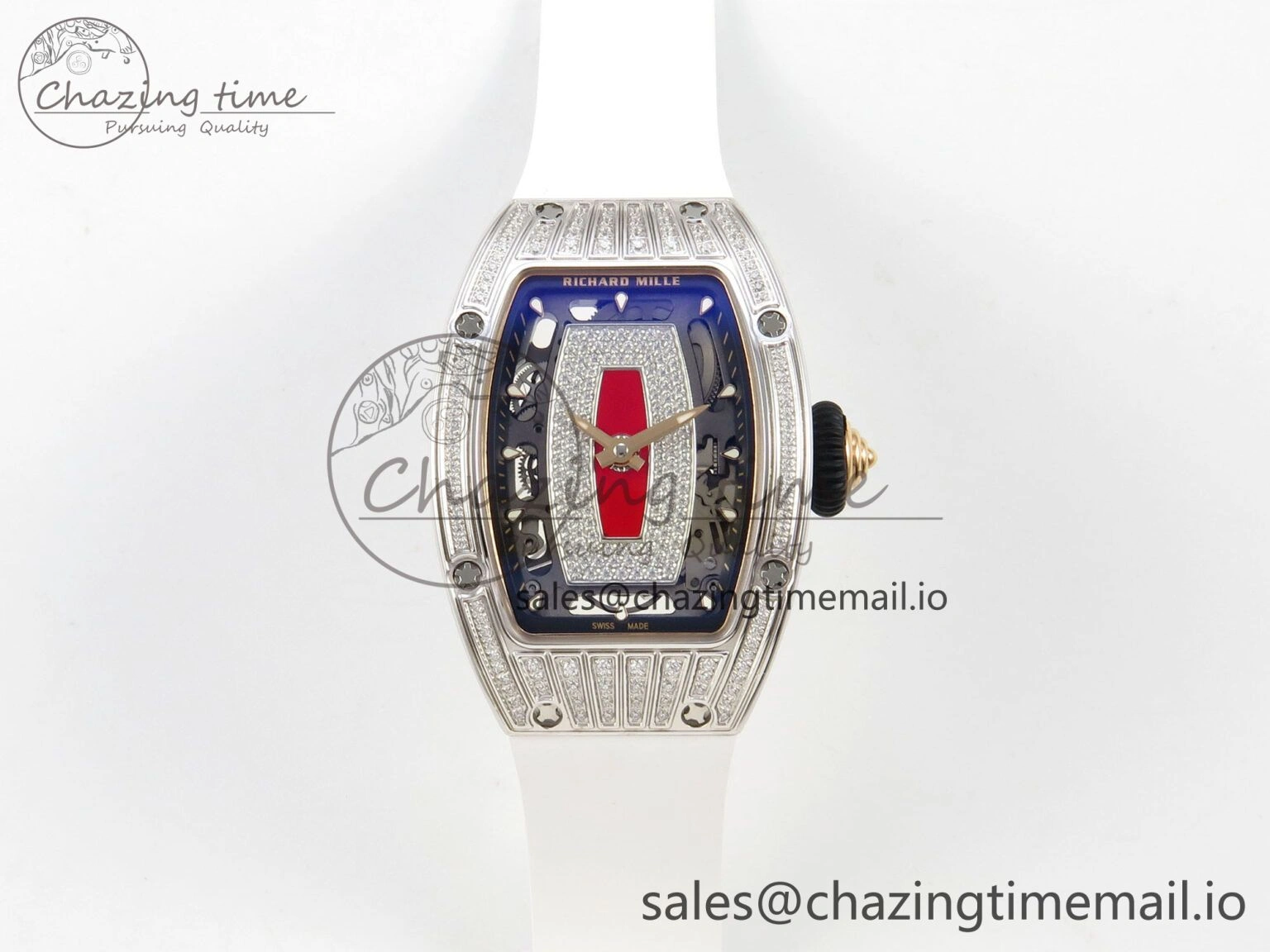RM07 Ladies SS Diamonds Bezel ZF 1:1 Best Edition Red Diamonds Skeleton Dial on White Rubber Strap CRMA2 Clone Thermal 9164