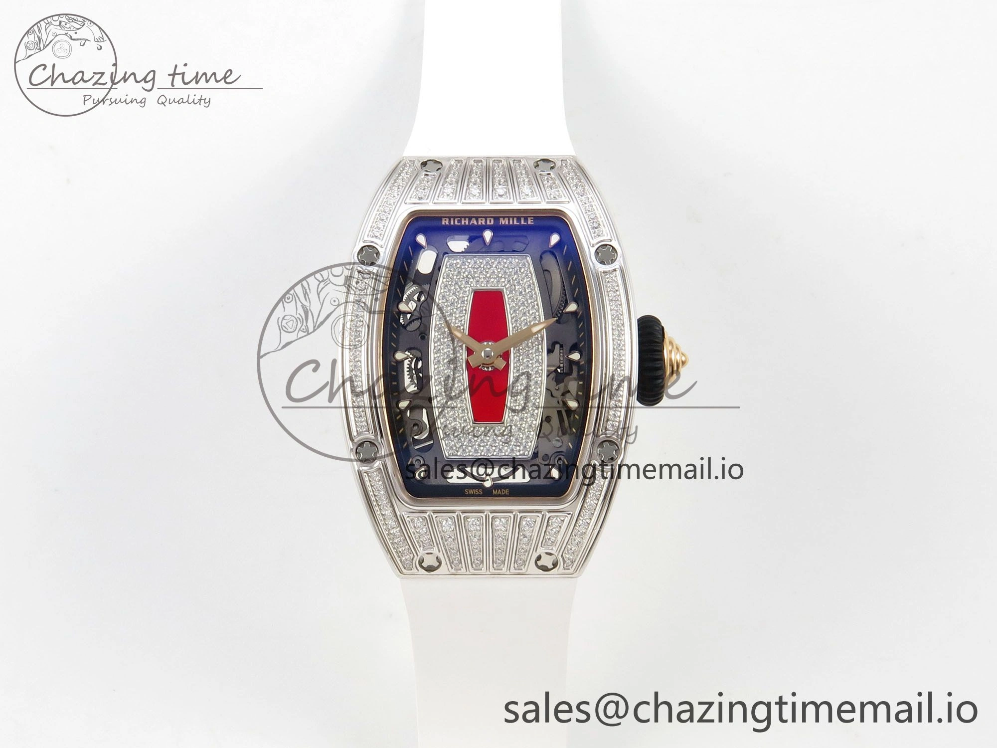 RM07 Ladies SS Diamonds Bezel ZF 1:1 Best Edition Red Diamonds Skeleton Dial on White Rubber Strap CRMA2 Clone Thermal 9164