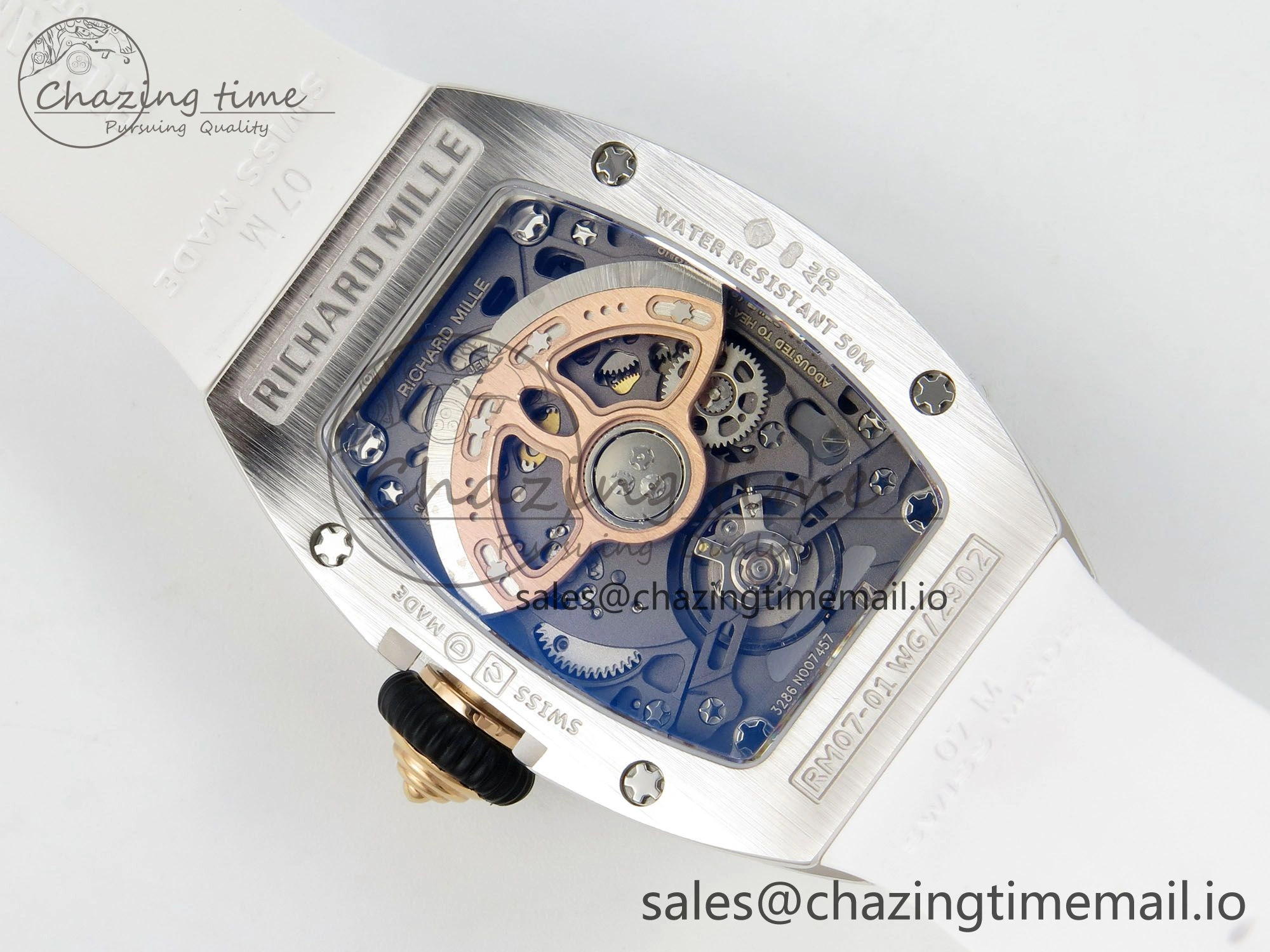 RM07 Ladies SS Diamonds Bezel ZF 1:1 Best Edition Red Diamonds Skeleton Dial on White Rubber Strap CRMA2 Clone Thermal 9164