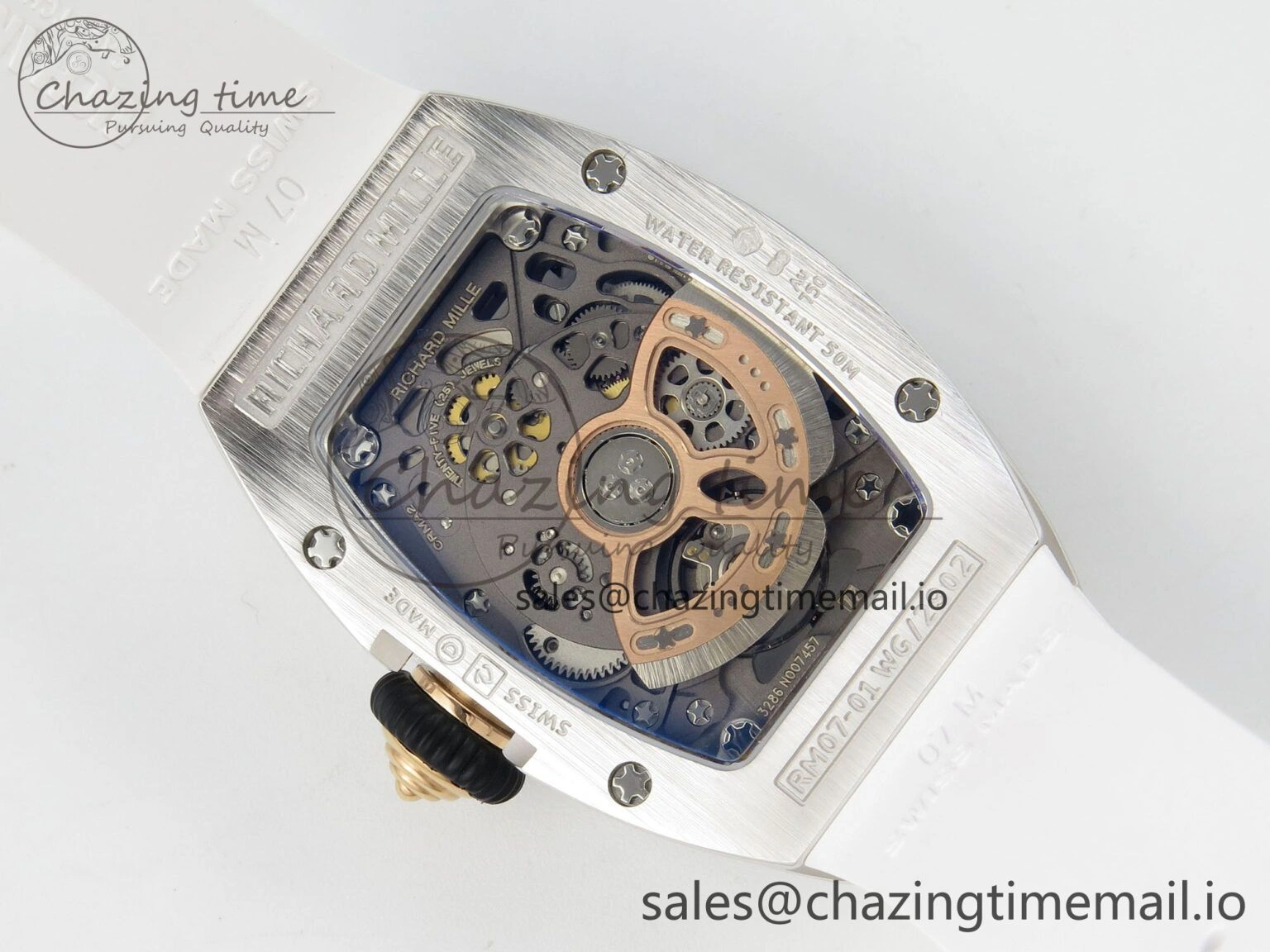 RM07 Ladies SS Diamonds Bezel ZF 1:1 Best Edition Red Diamonds Skeleton Dial on White Rubber Strap CRMA2 Clone Thermal 9164