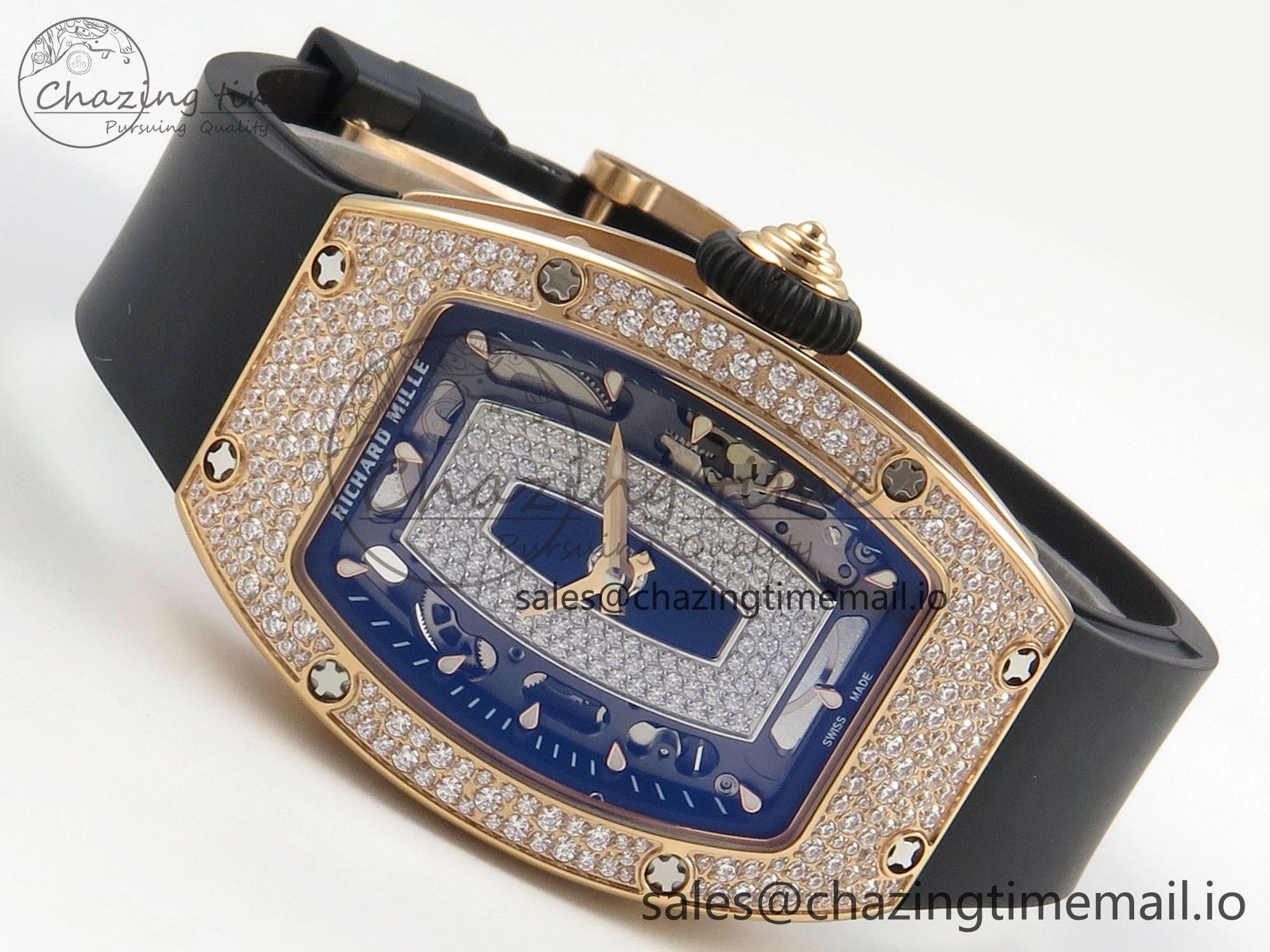 RM07 Ladies Snow Diamonds RG ZF 1:1 Best Edition Black Dial on Black Rubber Strap CRMA2 Clone FlexibleFit 9148