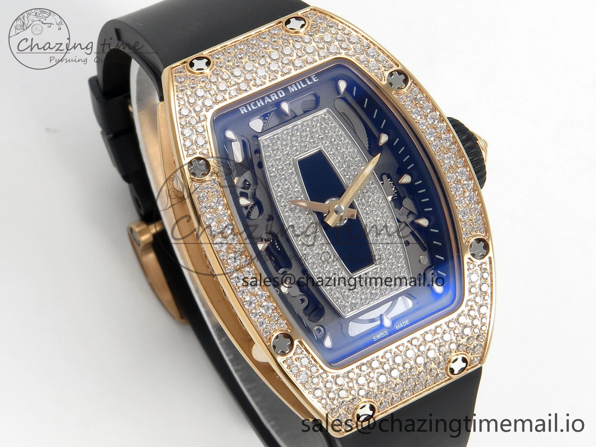 RM07 Ladies Snow Diamonds RG ZF 1:1 Best Edition Black Dial on Black Rubber Strap CRMA2 Clone FlexibleFit 9148