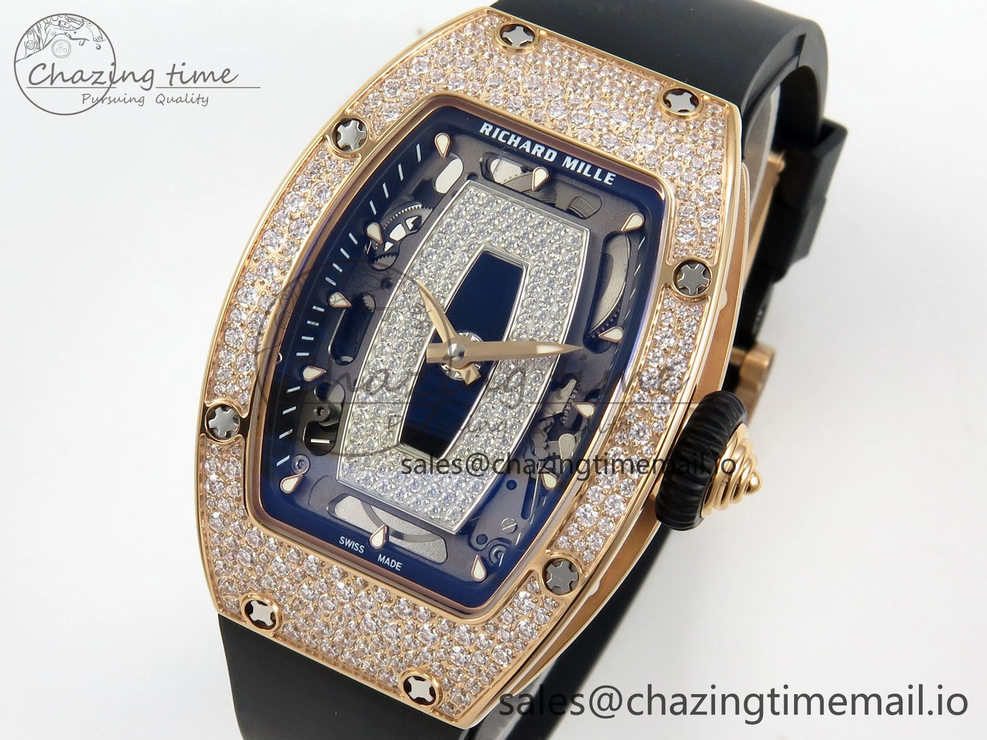 RM07 Ladies Snow Diamonds RG ZF 1:1 Best Edition Black Dial on Black Rubber Strap CRMA2 Clone FlexibleFit 9148