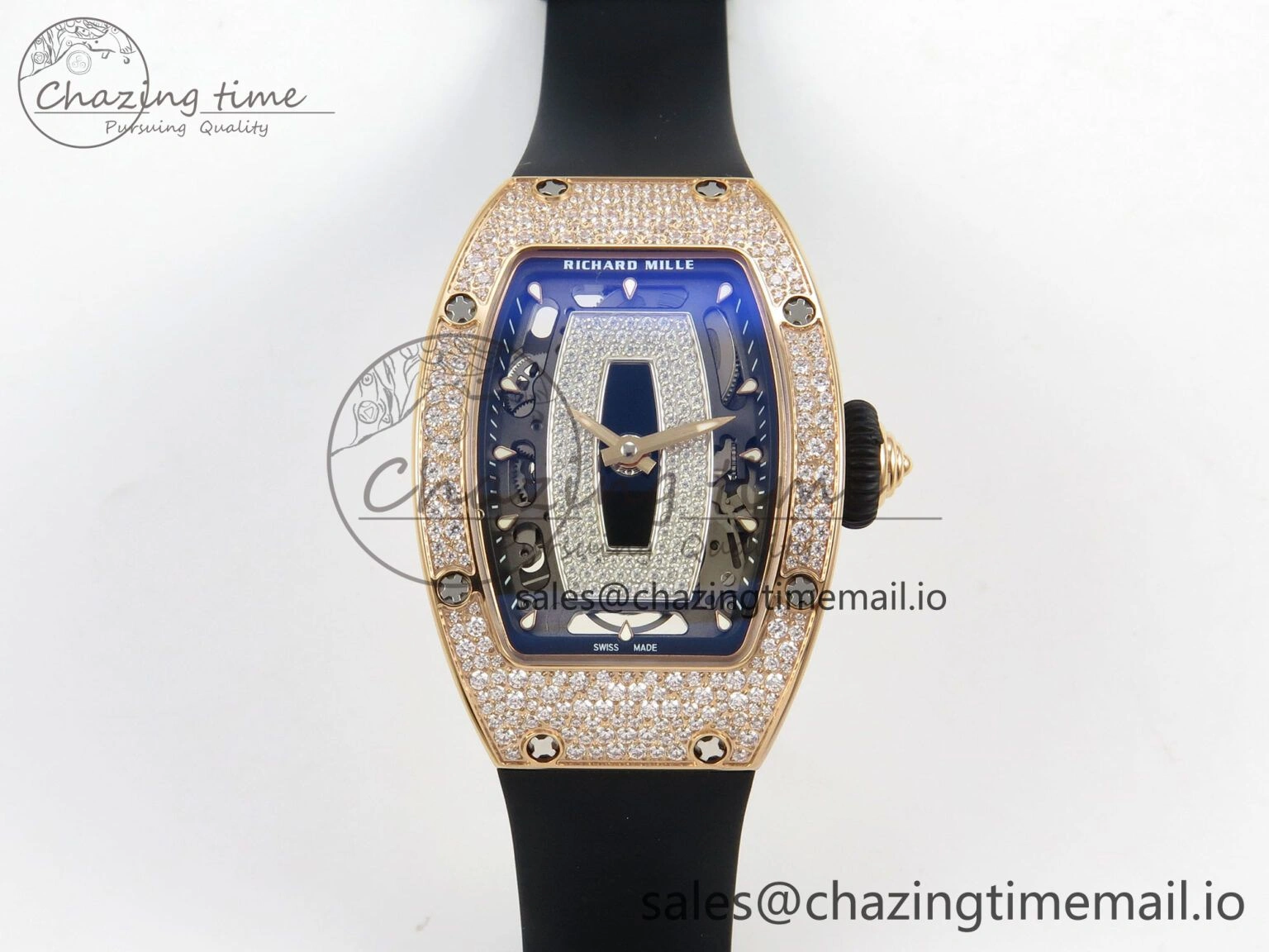 RM07 Ladies Snow Diamonds RG ZF 1:1 Best Edition Black Dial on Black Rubber Strap CRMA2 Clone FlexibleFit 9148