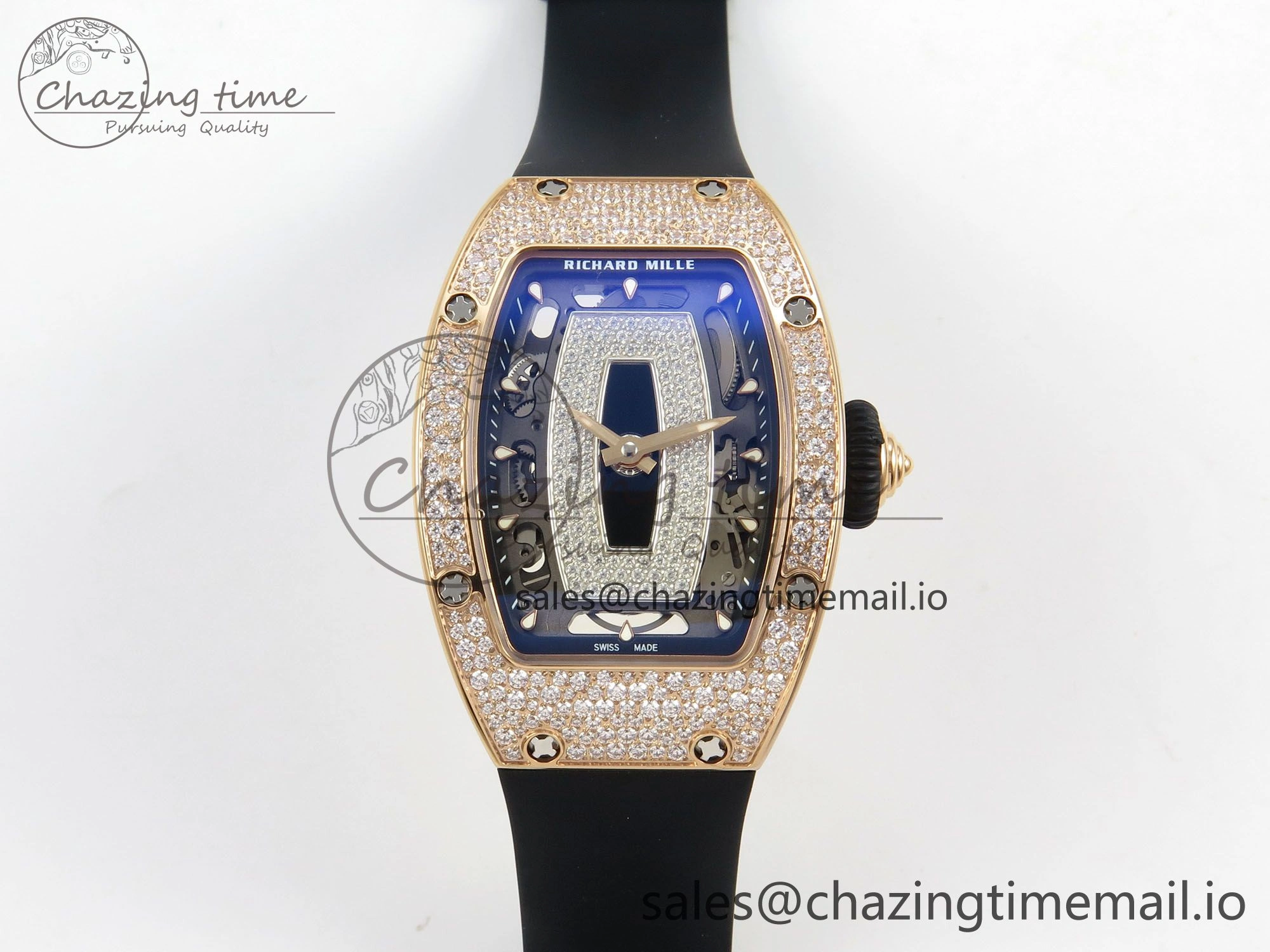 RM07 Ladies Snow Diamonds RG ZF 1:1 Best Edition Black Dial on Black Rubber Strap CRMA2 Clone FlexibleFit 9148