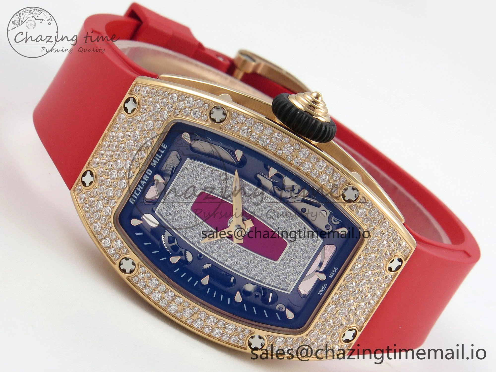 RM07 Ladies Snow Diamonds RG ZF 1:1 Best Edition Red Dial on Red Rubber Strap CRMA2 Clone Bright 9149