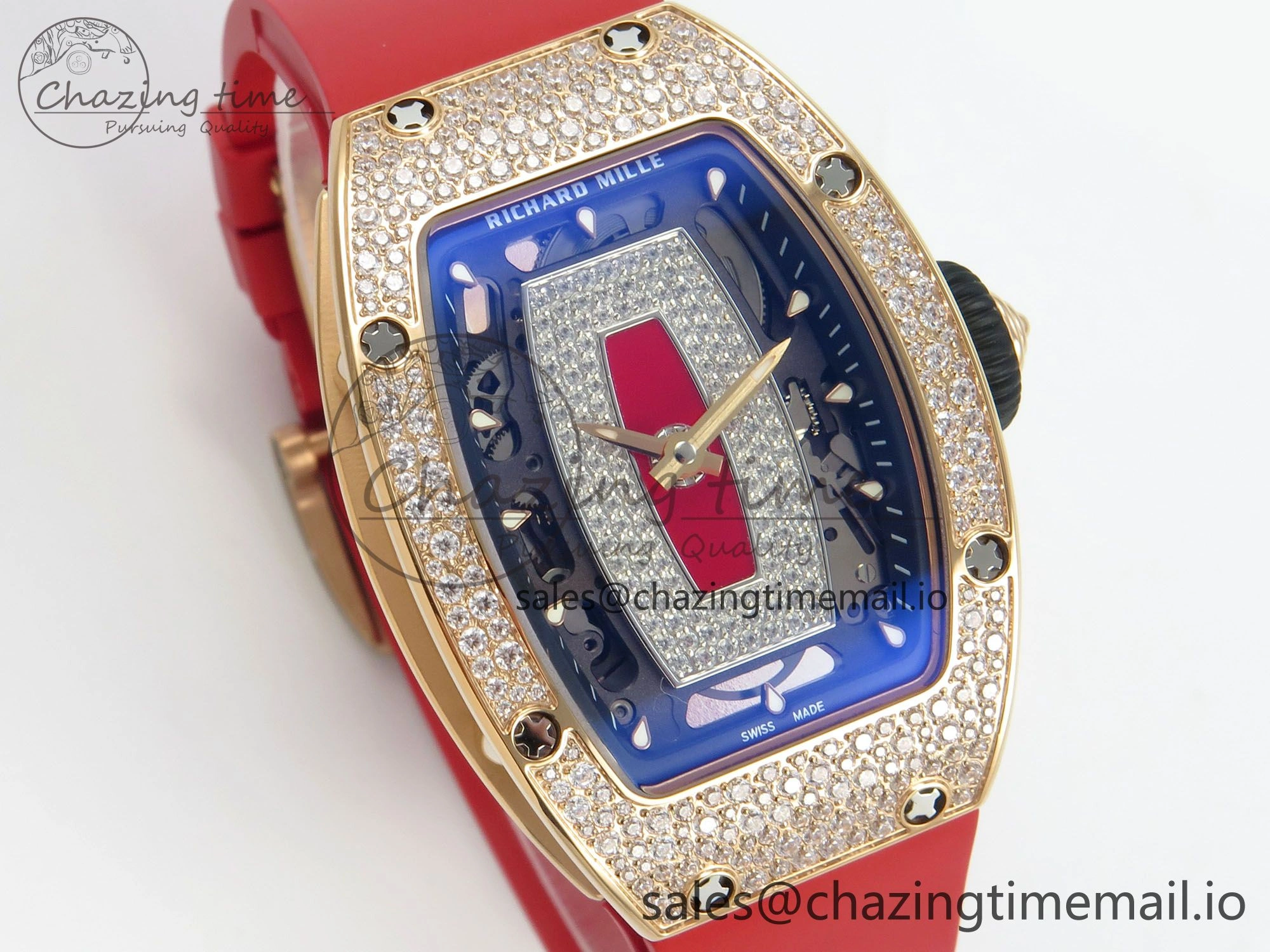 RM07 Ladies Snow Diamonds RG ZF 1:1 Best Edition Red Dial on Red Rubber Strap CRMA2 Clone Bright 9149