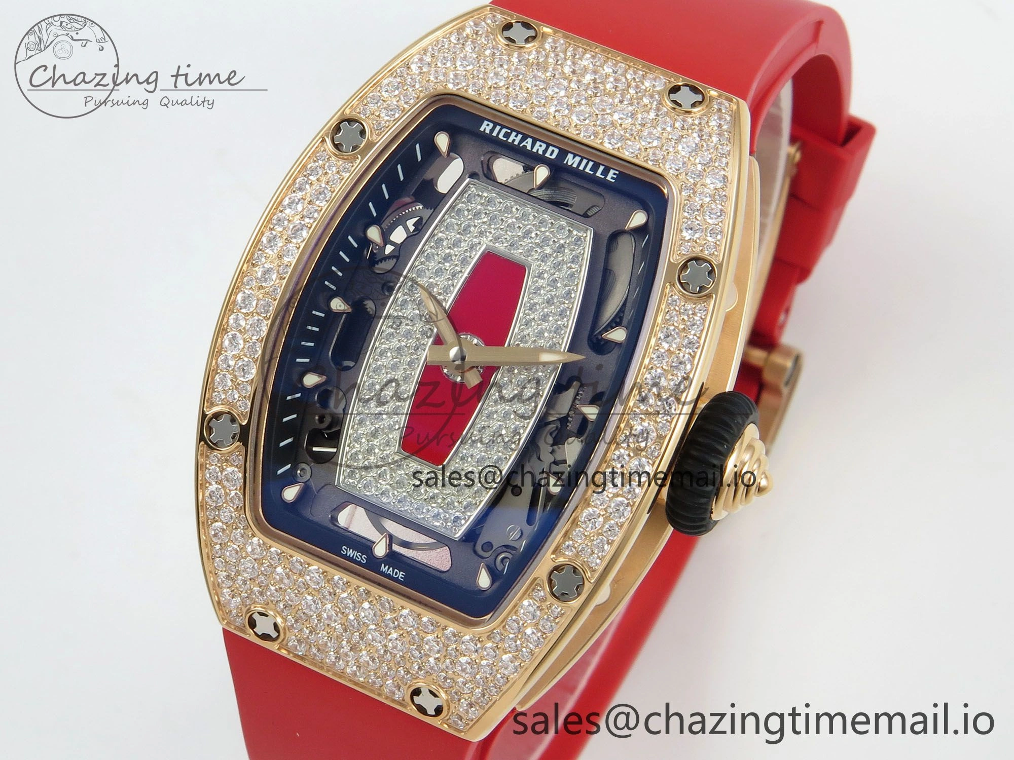 RM07 Ladies Snow Diamonds RG ZF 1:1 Best Edition Red Dial on Red Rubber Strap CRMA2 Clone Bright 9149