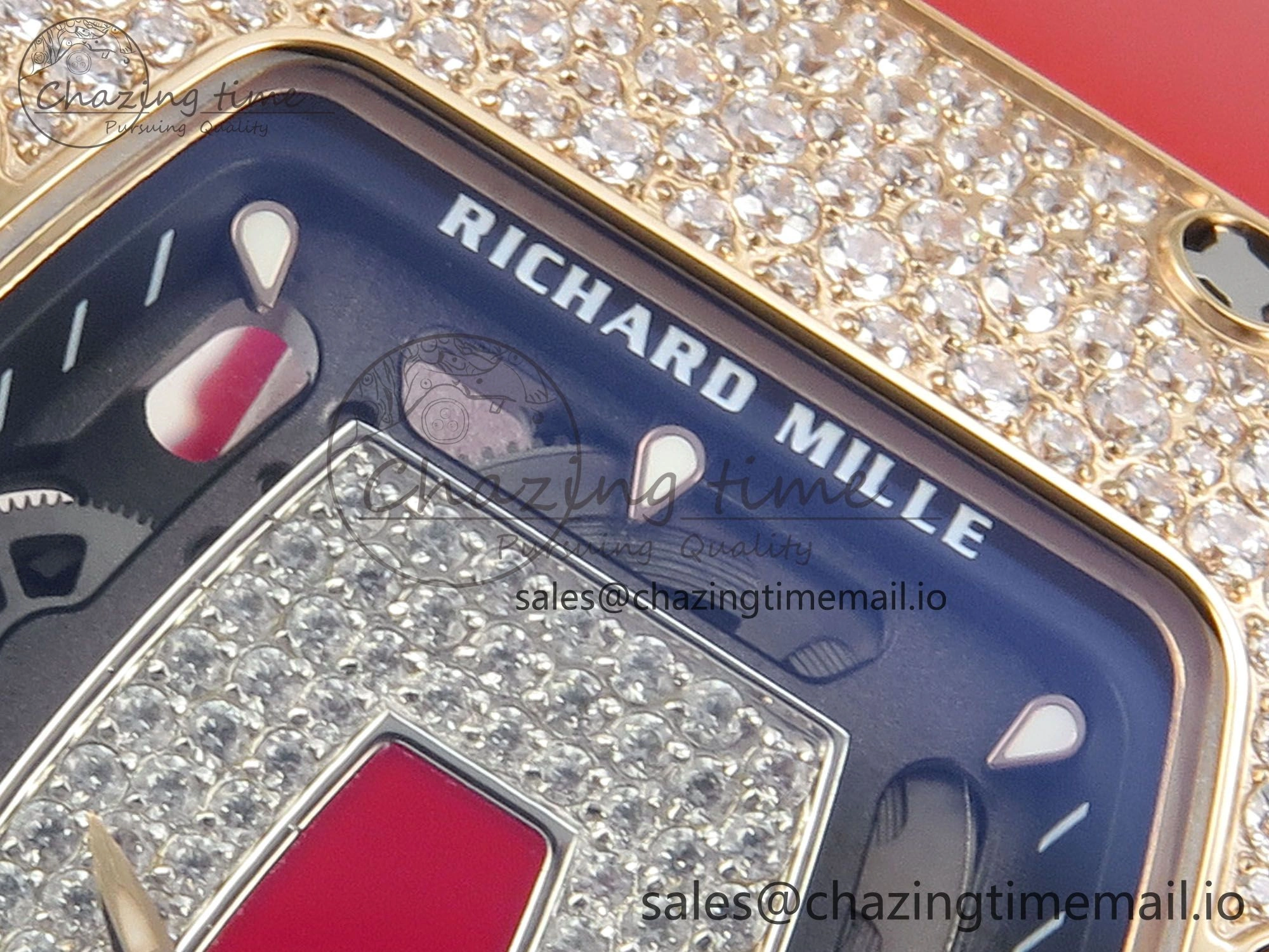 RM07 Ladies Snow Diamonds RG ZF 1:1 Best Edition Red Dial on Red Rubber Strap CRMA2 Clone Bright 9149