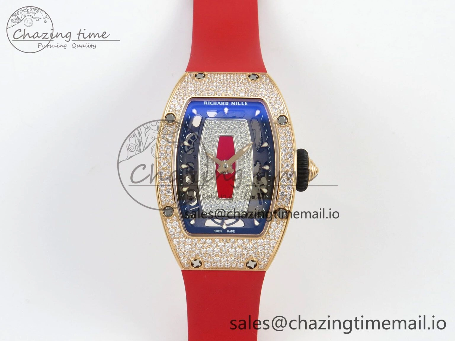 RM07 Ladies Snow Diamonds RG ZF 1:1 Best Edition Red Dial on Red Rubber Strap CRMA2 Clone Bright 9149