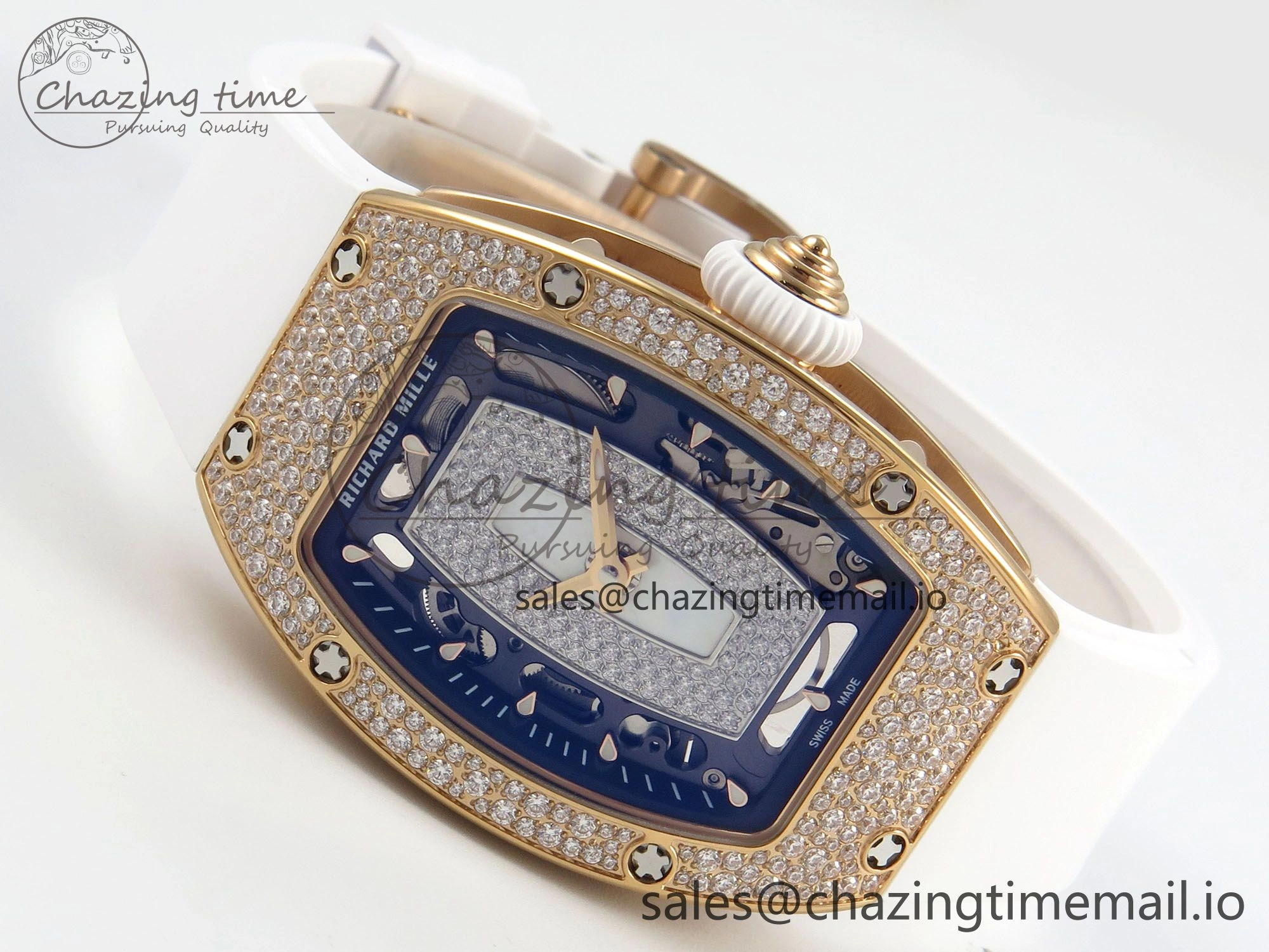 Chic RM07 Ladies Snow Diamonds RG ZF 1:1 Best Edition White Dial on White Rubber Strap CRMA2 Clone 9144
