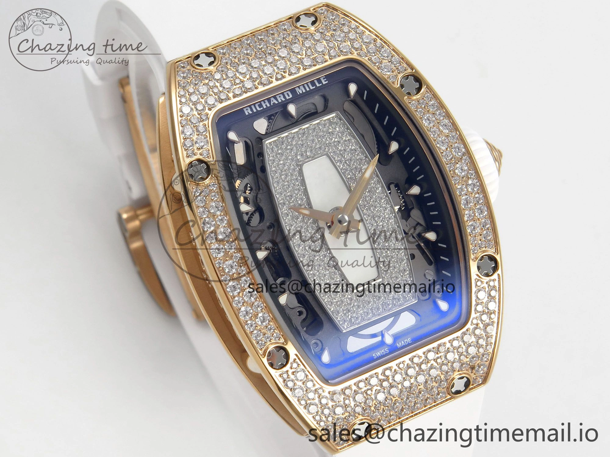 Chic RM07 Ladies Snow Diamonds RG ZF 1:1 Best Edition White Dial on White Rubber Strap CRMA2 Clone 9144