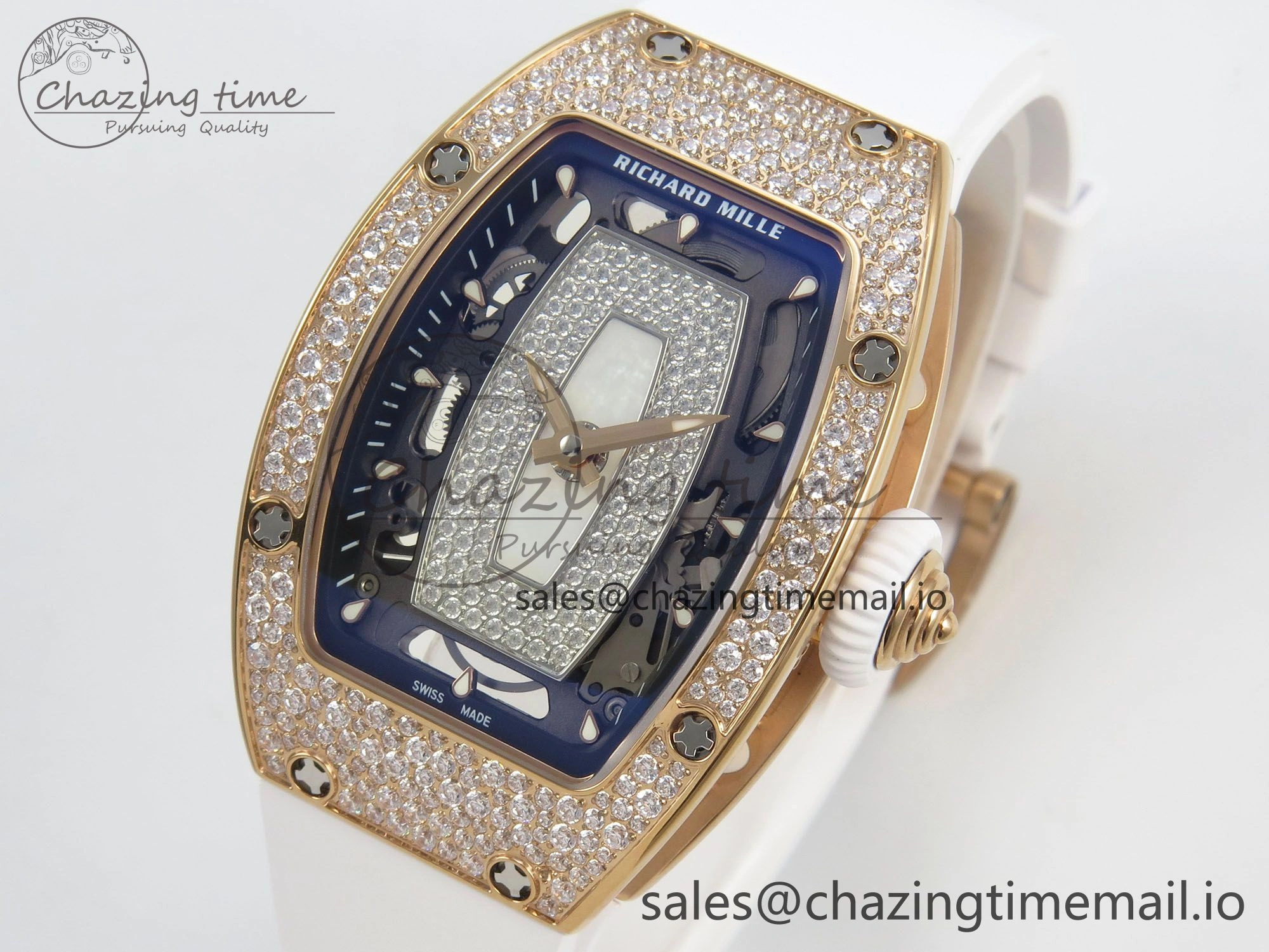 Chic RM07 Ladies Snow Diamonds RG ZF 1:1 Best Edition White Dial on White Rubber Strap CRMA2 Clone 9144