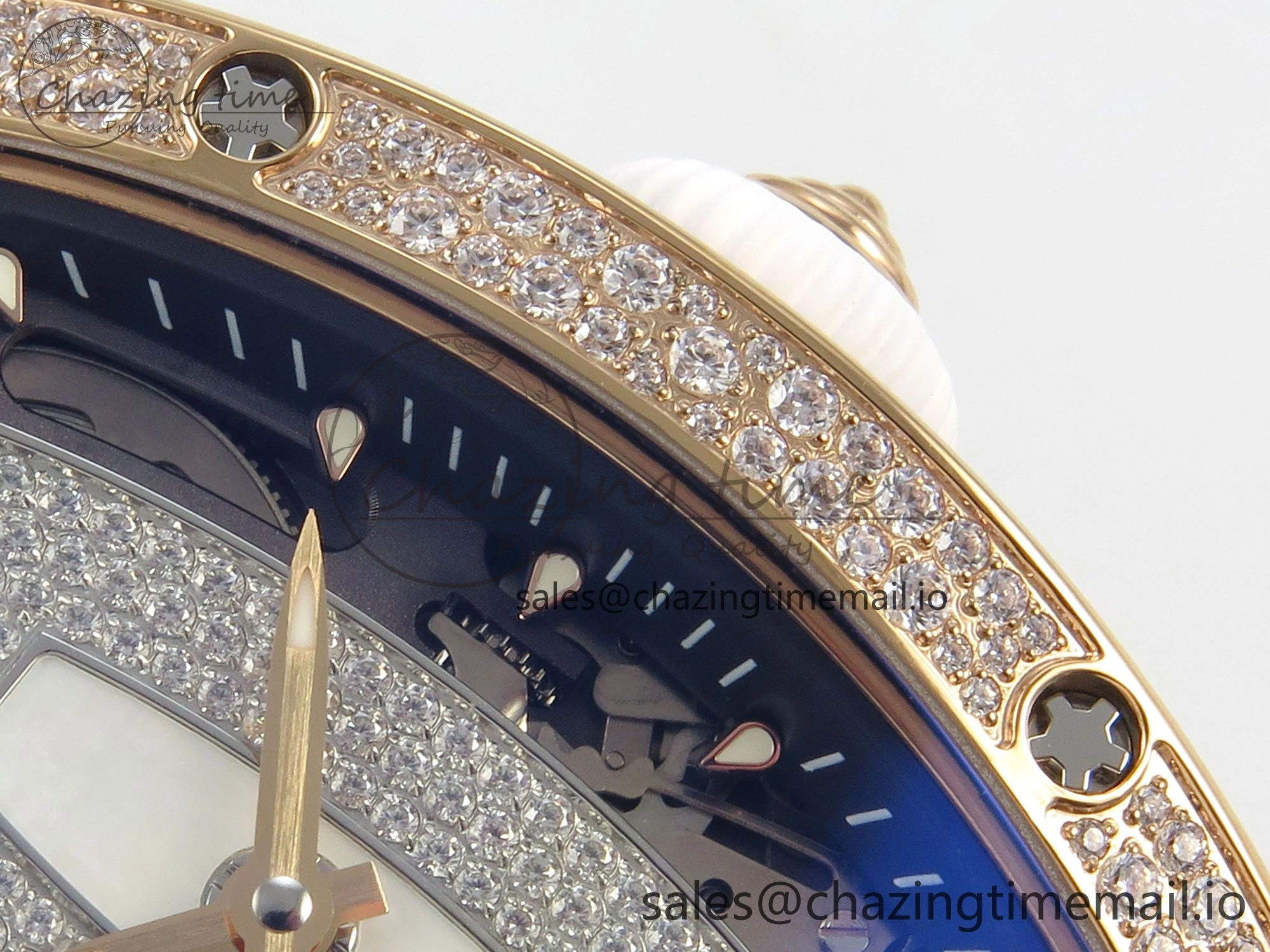 Chic RM07 Ladies Snow Diamonds RG ZF 1:1 Best Edition White Dial on White Rubber Strap CRMA2 Clone 9144