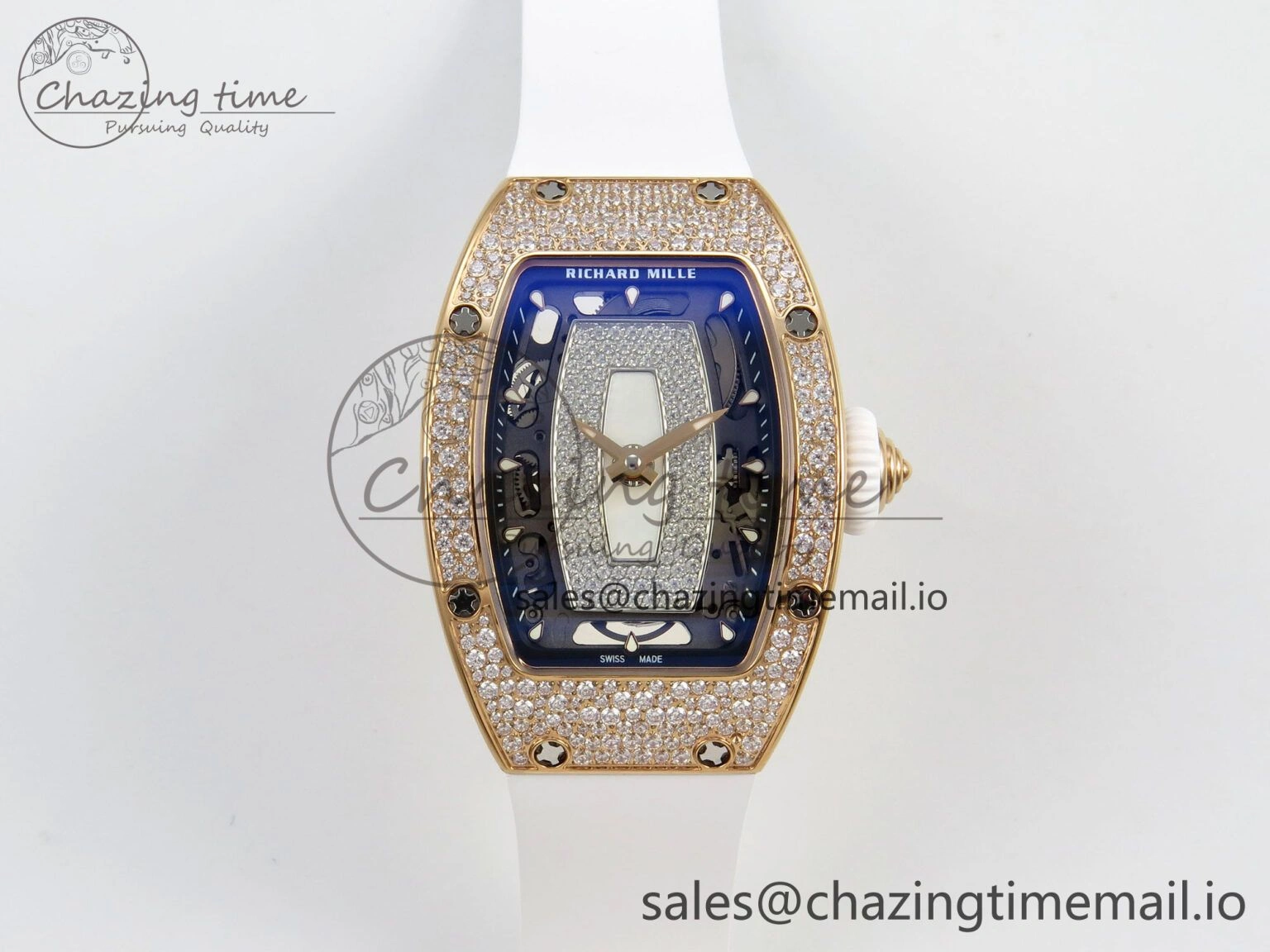 Chic RM07 Ladies Snow Diamonds RG ZF 1:1 Best Edition White Dial on White Rubber Strap CRMA2 Clone 9144