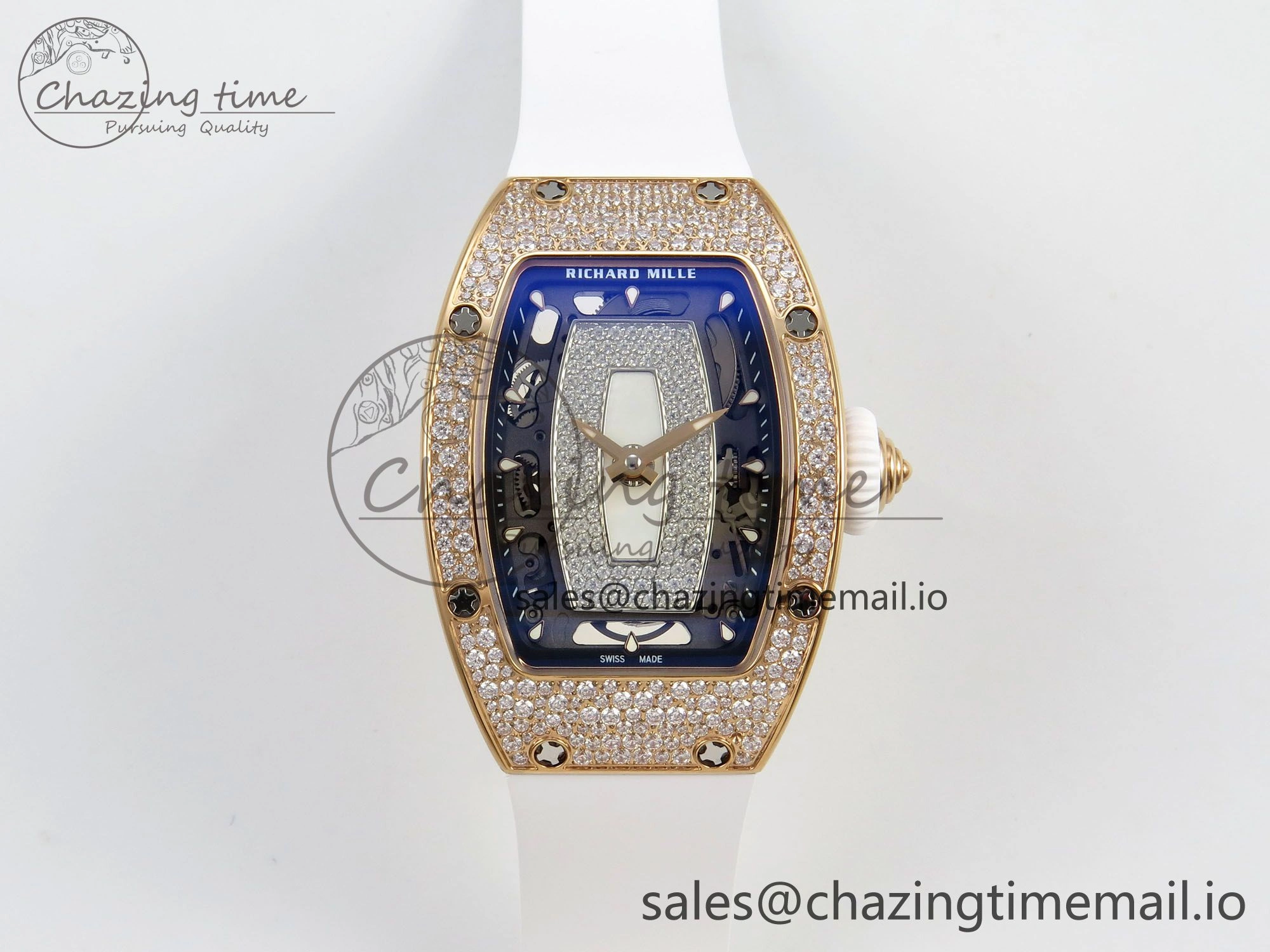 Chic RM07 Ladies Snow Diamonds RG ZF 1:1 Best Edition White Dial on White Rubber Strap CRMA2 Clone 9144