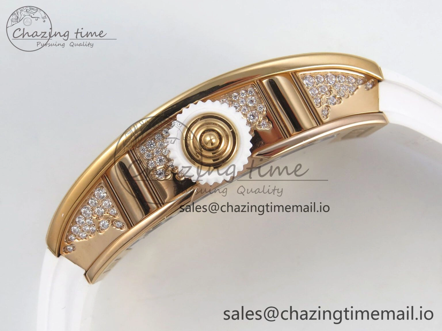 Chic RM07 Ladies Snow Diamonds RG ZF 1:1 Best Edition White Dial on White Rubber Strap CRMA2 Clone 9144