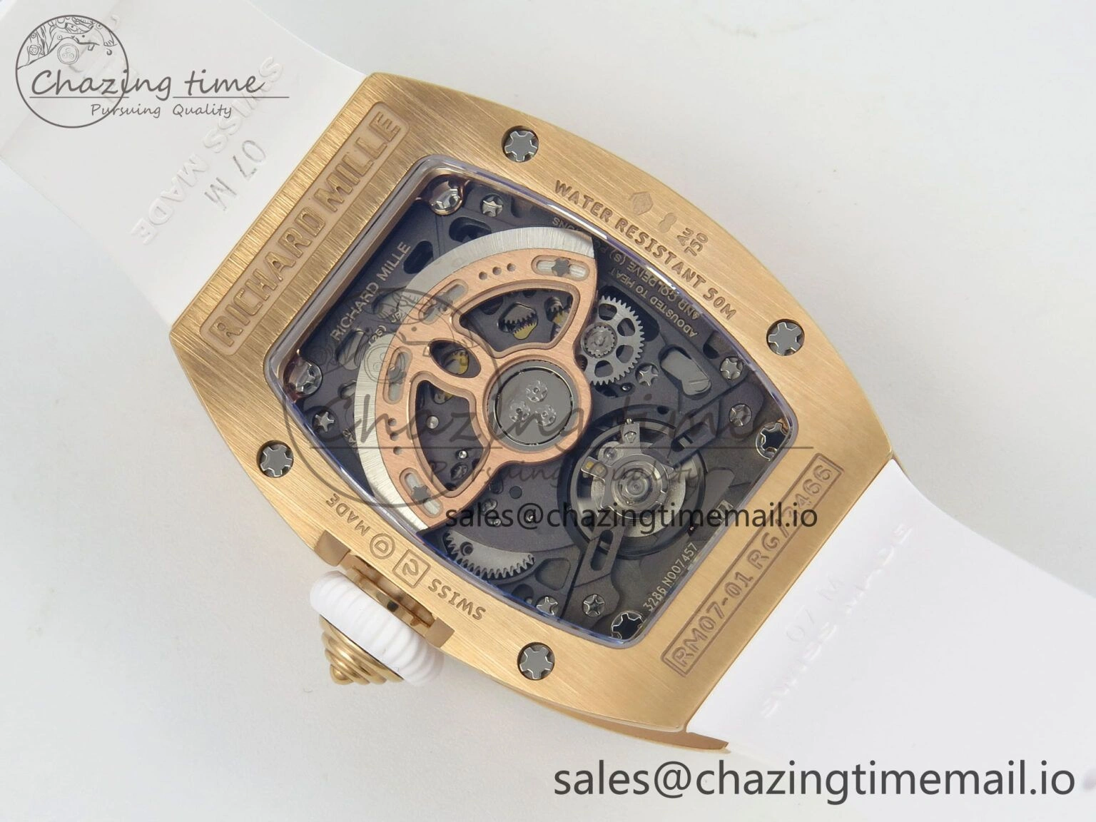 Chic RM07 Ladies Snow Diamonds RG ZF 1:1 Best Edition White Dial on White Rubber Strap CRMA2 Clone 9144