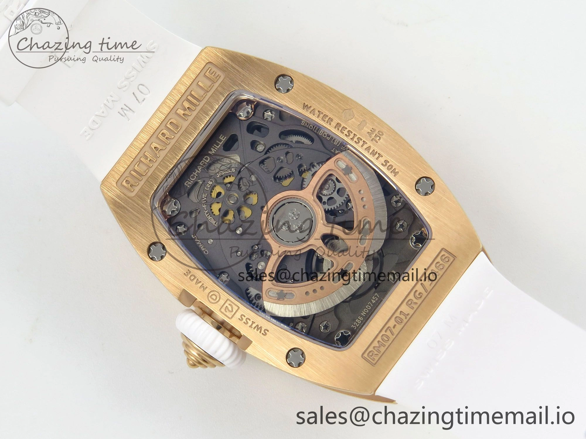 Chic RM07 Ladies Snow Diamonds RG ZF 1:1 Best Edition White Dial on White Rubber Strap CRMA2 Clone 9144