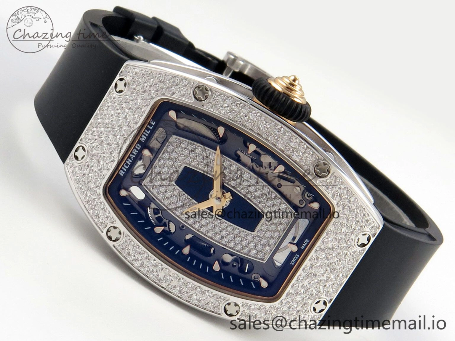 RM07 Ladies Snow Diamonds SS ZF 1:1 Best Edition Black Dial on Black Rubber Strap CRMA2 Clone EyeCatching 9146