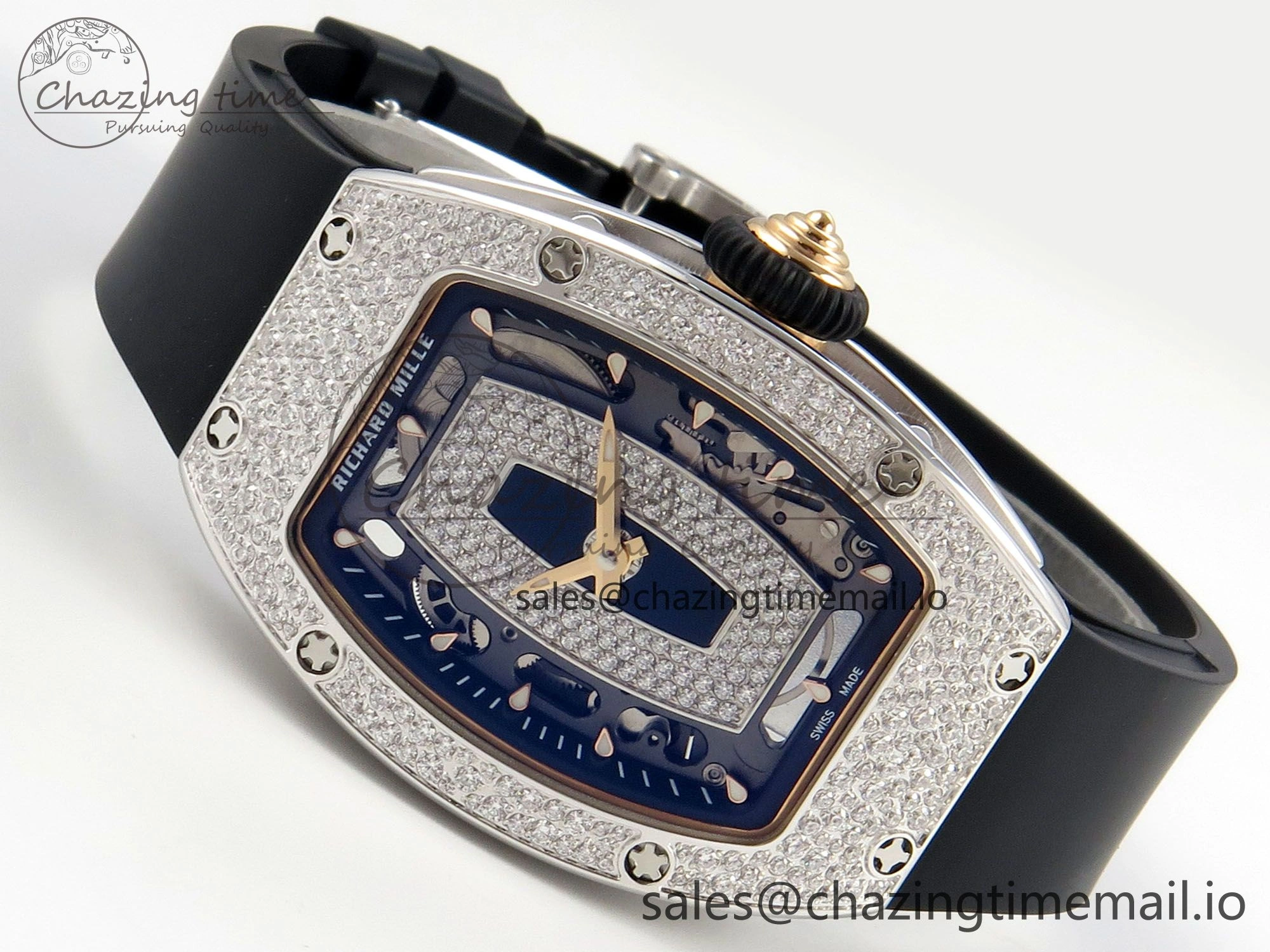RM07 Ladies Snow Diamonds SS ZF 1:1 Best Edition Black Dial on Black Rubber Strap CRMA2 Clone EyeCatching 9146