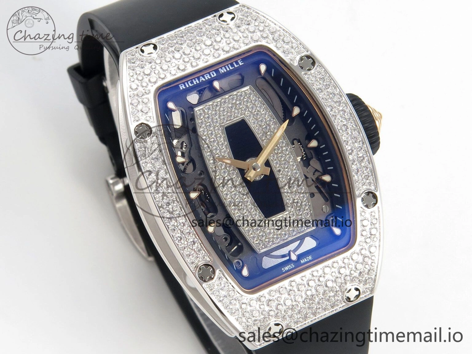 RM07 Ladies Snow Diamonds SS ZF 1:1 Best Edition Black Dial on Black Rubber Strap CRMA2 Clone EyeCatching 9146