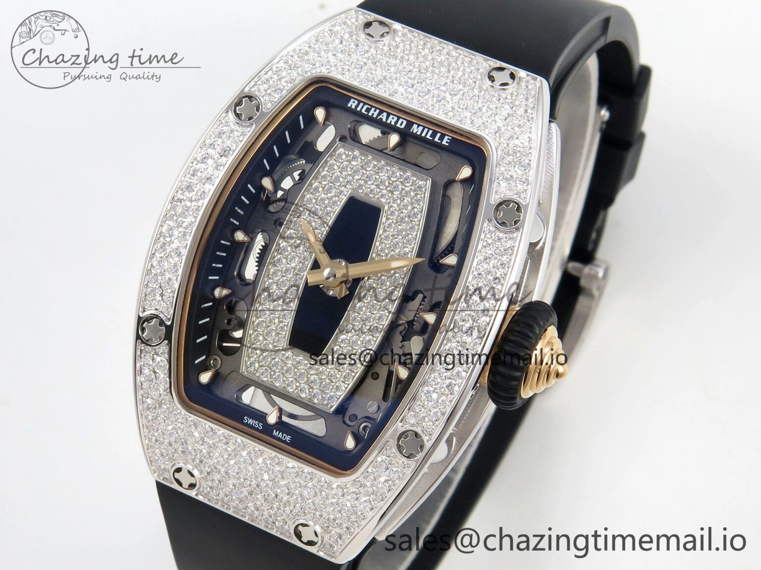 RM07 Ladies Snow Diamonds SS ZF 1:1 Best Edition Black Dial on Black Rubber Strap CRMA2 Clone EyeCatching 9146