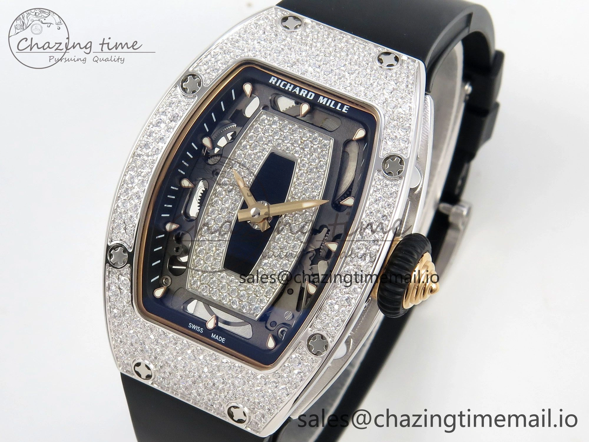 RM07 Ladies Snow Diamonds SS ZF 1:1 Best Edition Black Dial on Black Rubber Strap CRMA2 Clone EyeCatching 9146