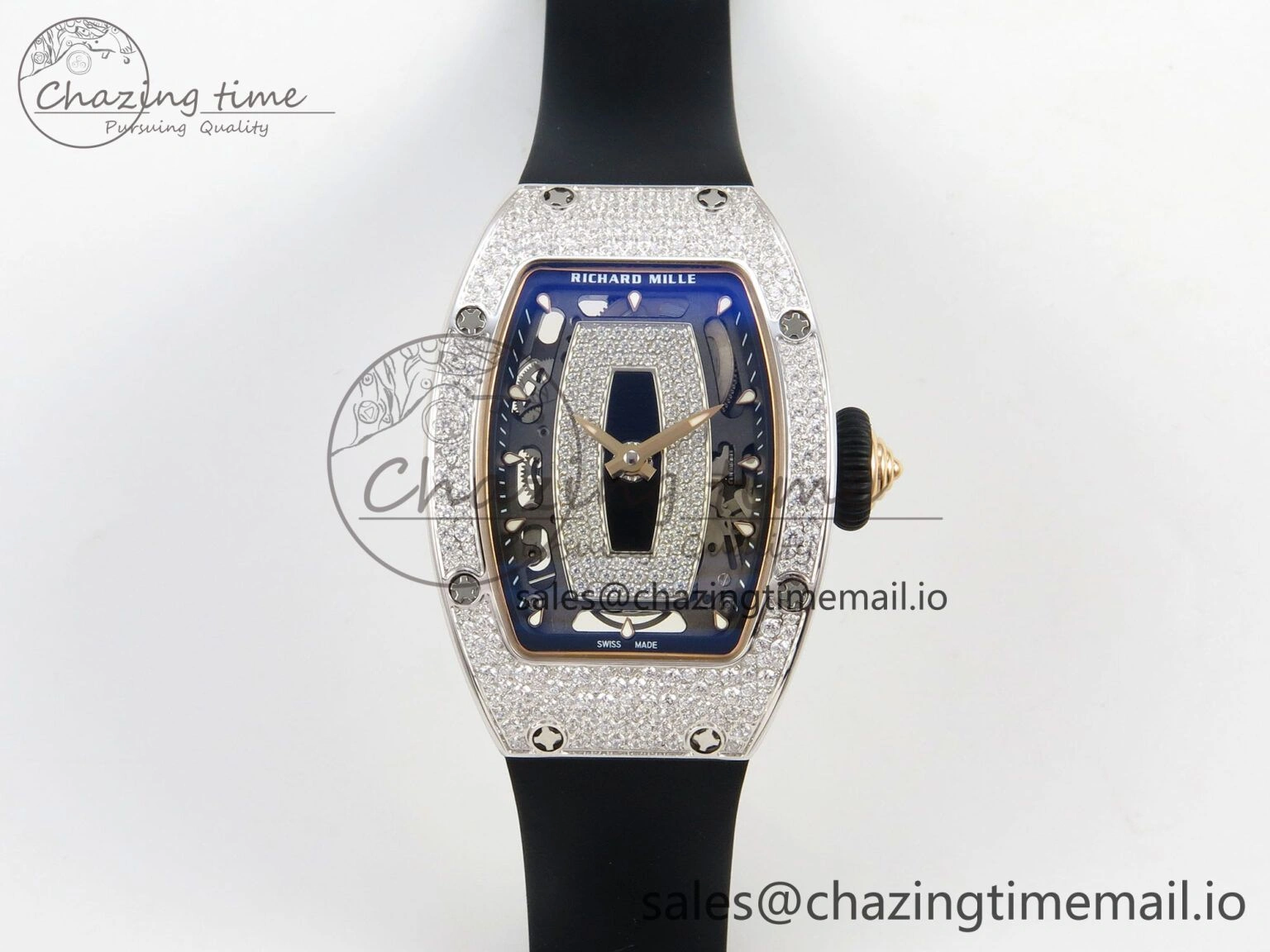 RM07 Ladies Snow Diamonds SS ZF 1:1 Best Edition Black Dial on Black Rubber Strap CRMA2 Clone EyeCatching 9146