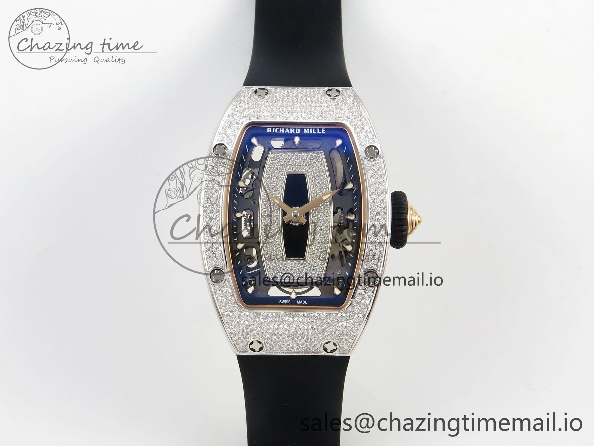 RM07 Ladies Snow Diamonds SS ZF 1:1 Best Edition Black Dial on Black Rubber Strap CRMA2 Clone EyeCatching 9146