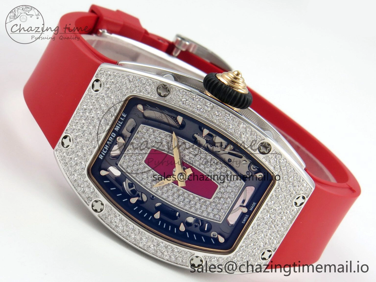 FlexibleFit RM07 Ladies Snow Diamonds SS ZF 1:1 Best Edition Red Dial on Red Rubber Strap CRMA2 Clone 9147