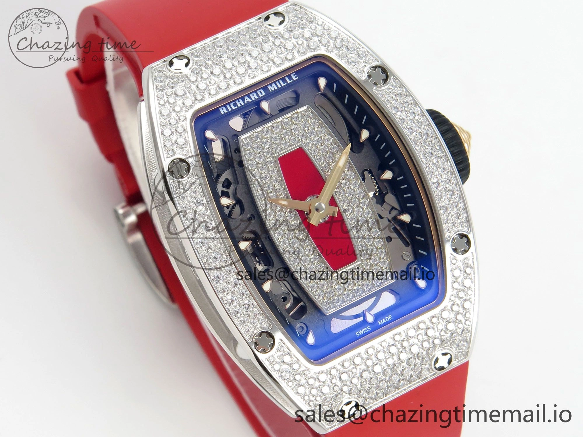 FlexibleFit RM07 Ladies Snow Diamonds SS ZF 1:1 Best Edition Red Dial on Red Rubber Strap CRMA2 Clone 9147